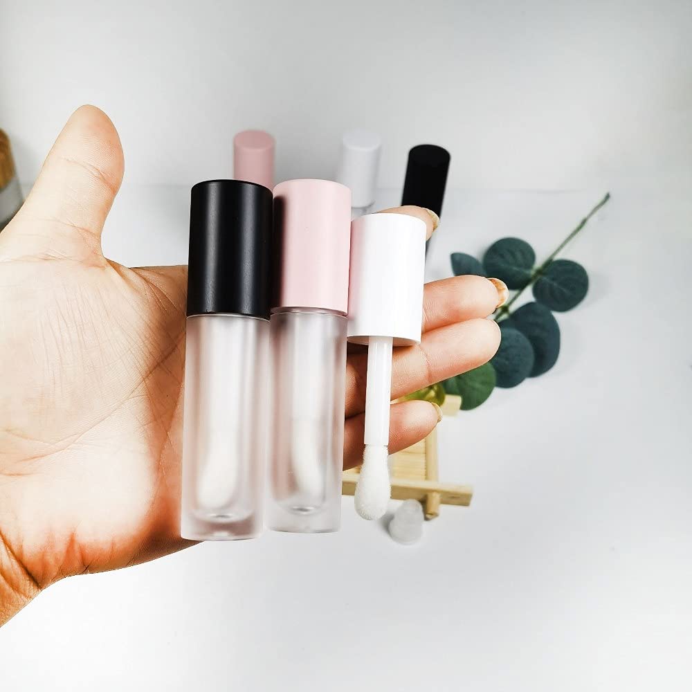 COSIDEA 24pcs 5ml Empty Lip Gloss Tubes with Stopper and Big Brush – Frosted Bottle, Pink Cap