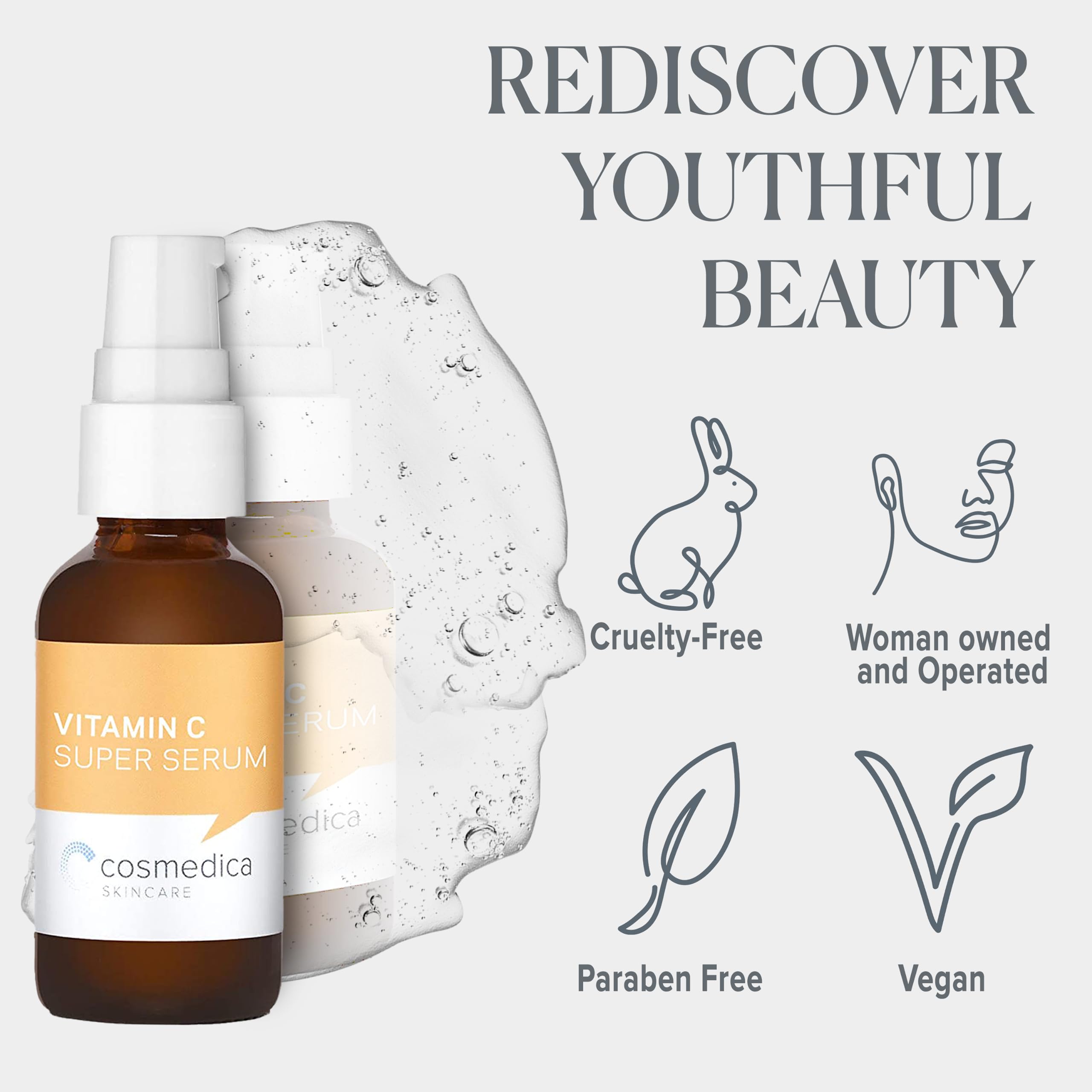 Cosmedica Skincare Vitamin C Super Serum – Vegan, Paraben-Free, Hyaluronic Acid