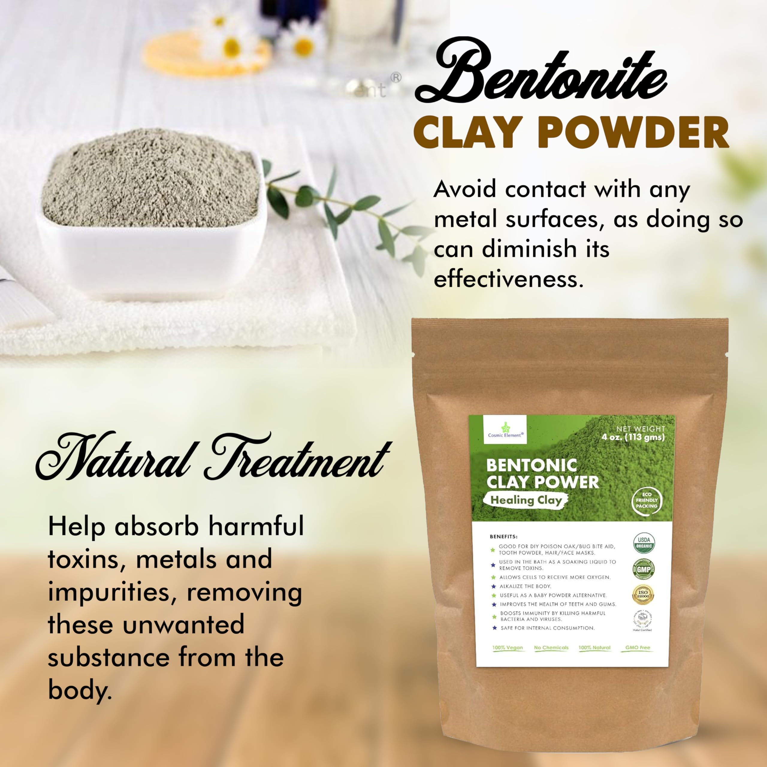 Cosmic Element 100% Pure Calcium Bentonite Clay Powder – Food Grade, Vegan, 4 oz