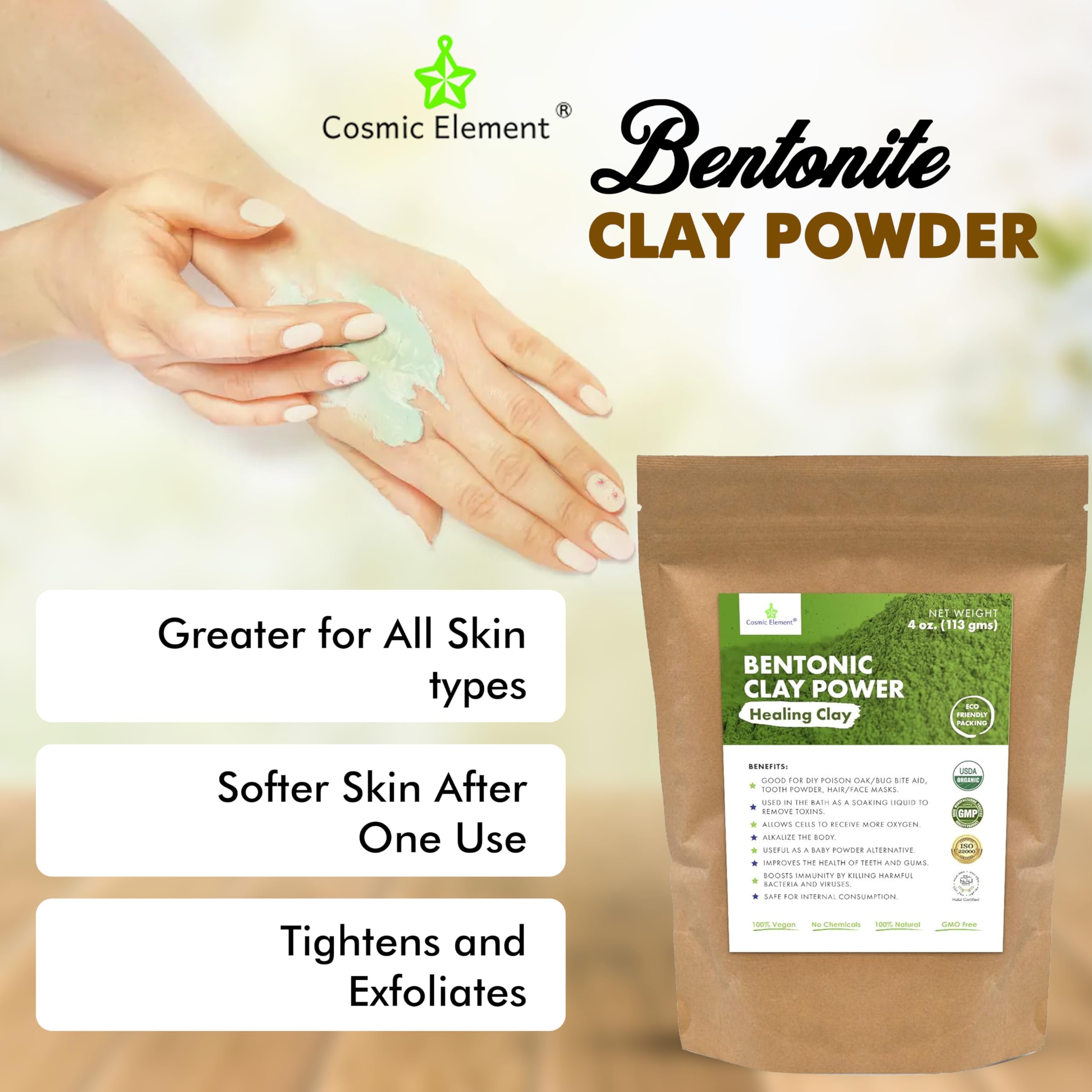 Cosmic Element 100% Pure Calcium Bentonite Clay Powder – Food Grade, Vegan, 4 oz