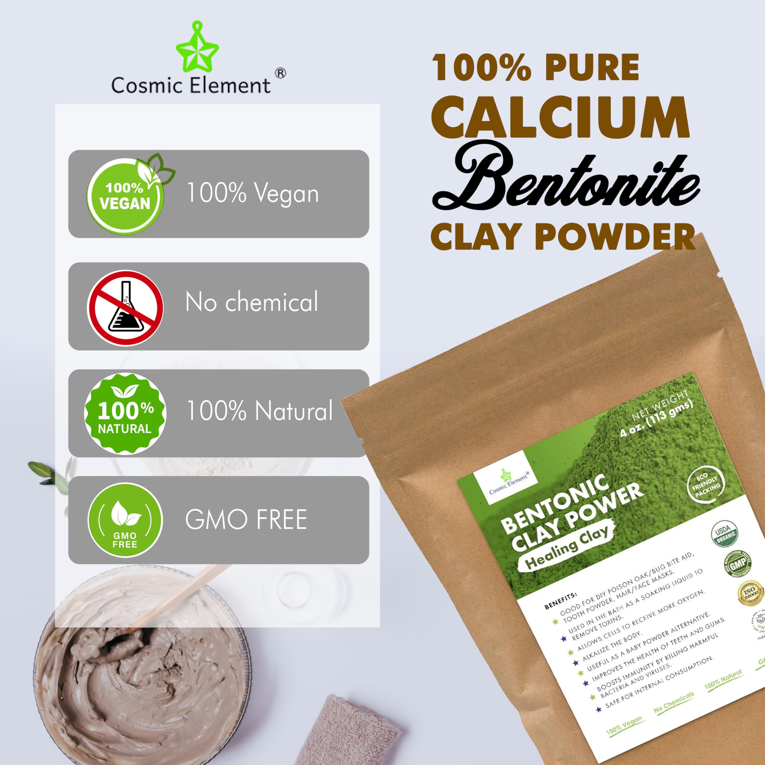 Cosmic Element 100% Pure Calcium Bentonite Clay Powder – Food Grade, Vegan, 4 oz