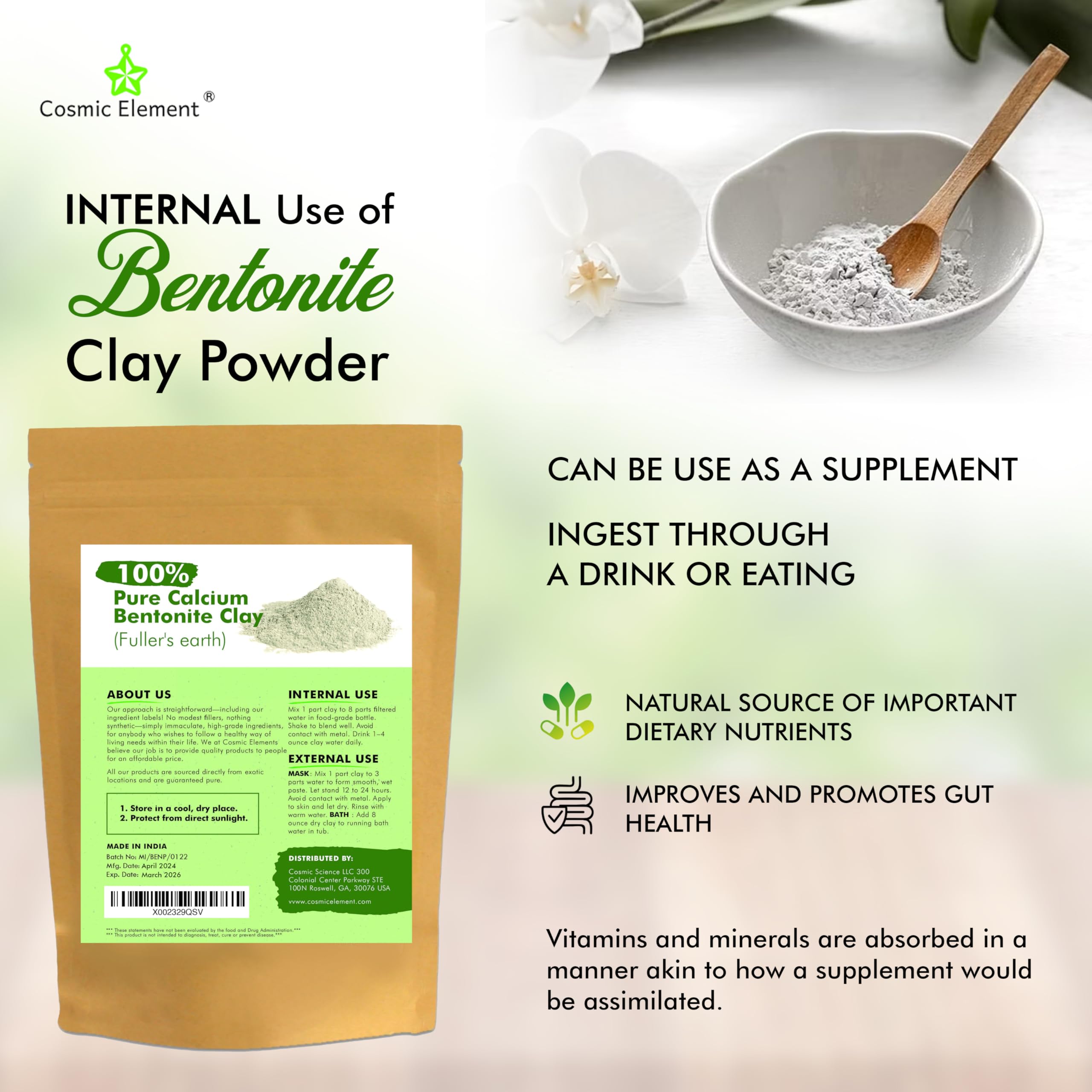 Cosmic Element Calcium Bentonite Clay Powder – Food Grade, Vegan, 8 oz