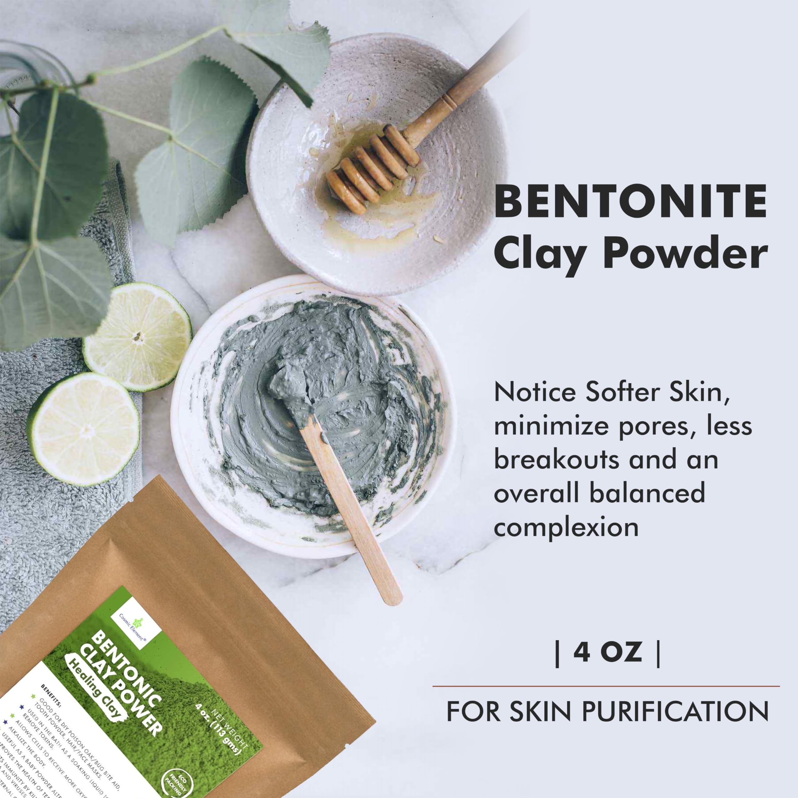 Cosmic Element 100% Pure Calcium Bentonite Clay Powder – Food Grade, Vegan, 4 oz