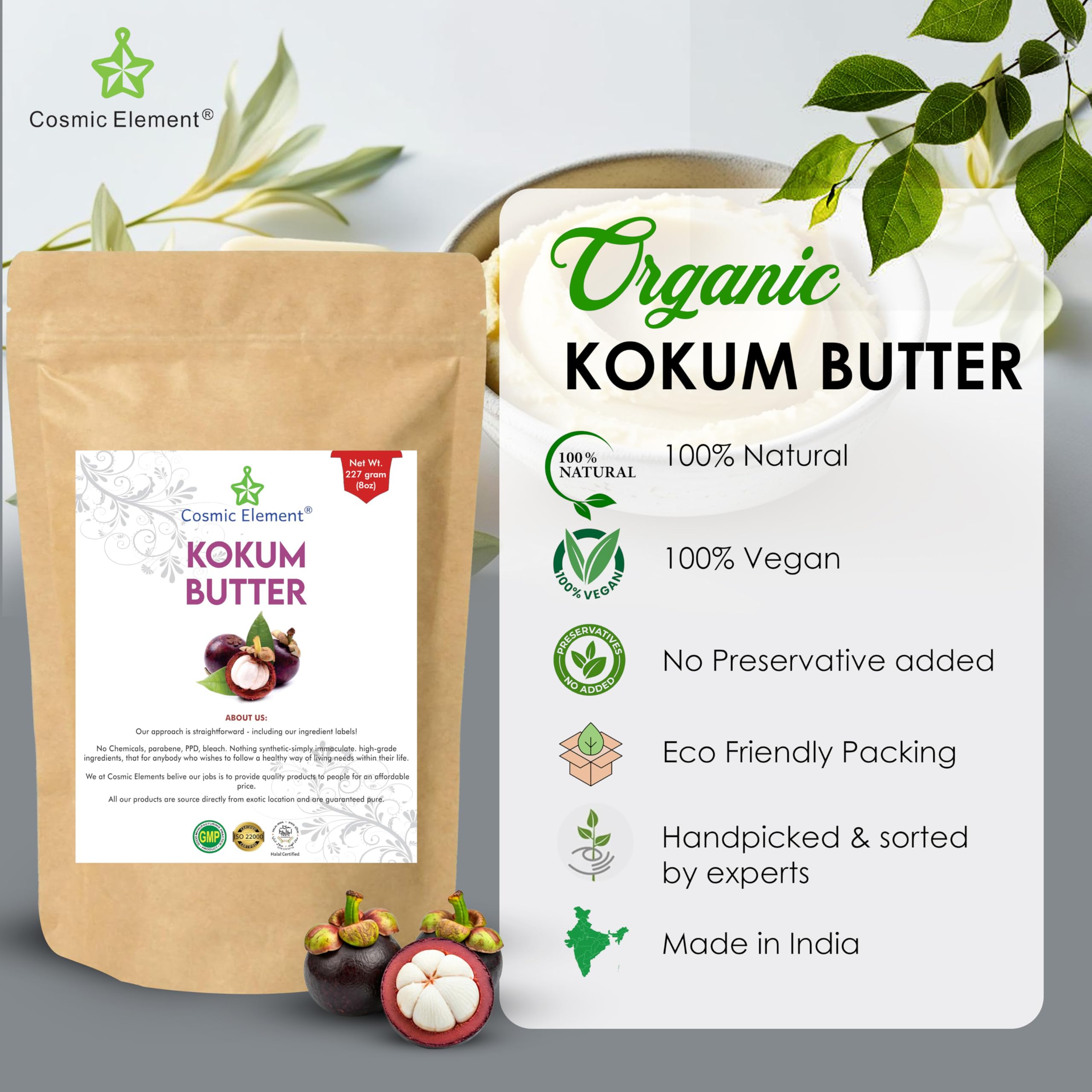 Cosmic Element Raw Organic Kokum Butter – Light, Firm Skin Butter for Soap, Lotion Bars & Lip Balm | 8 Oz