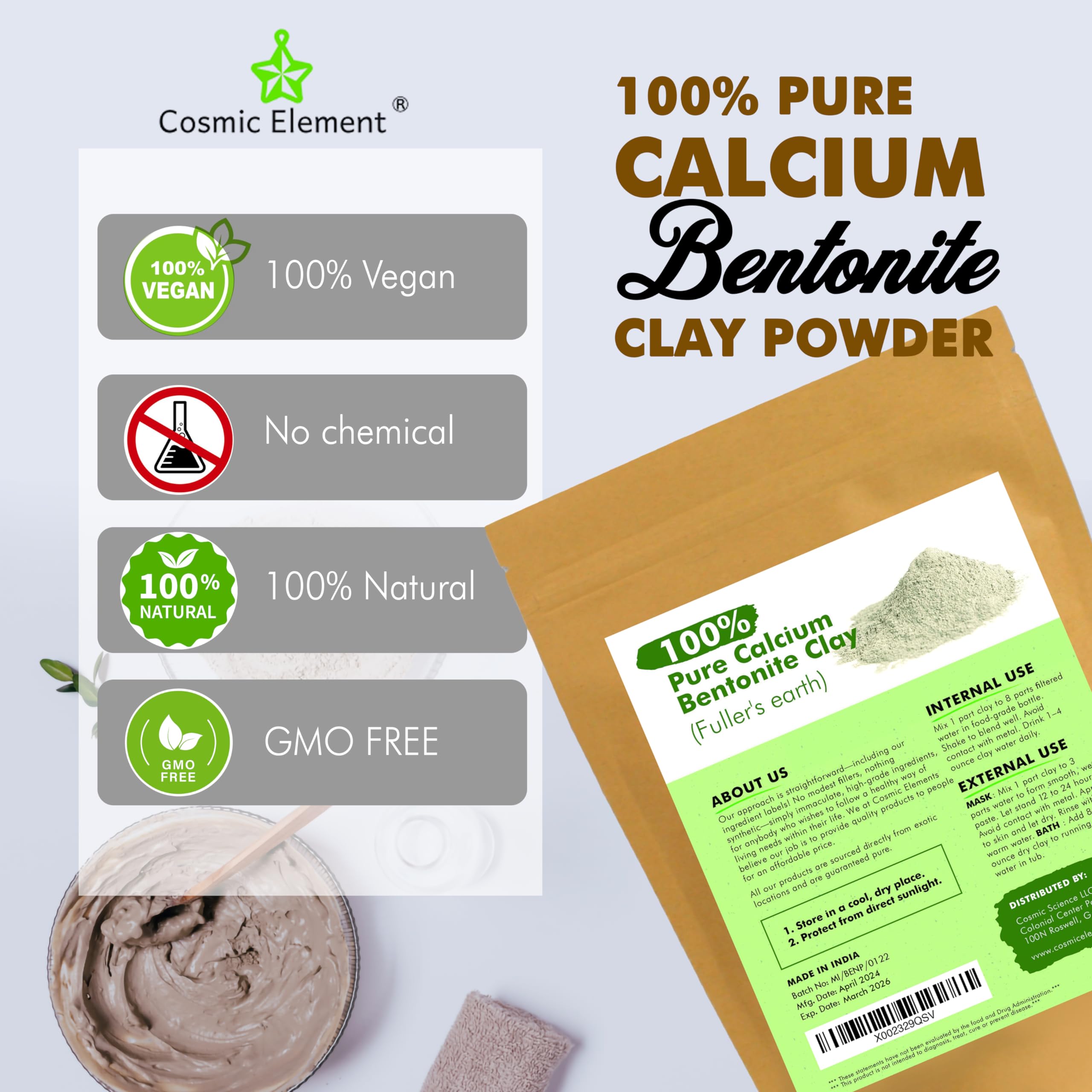 Cosmic Element Calcium Bentonite Clay Powder – Food Grade, Vegan, 8 oz