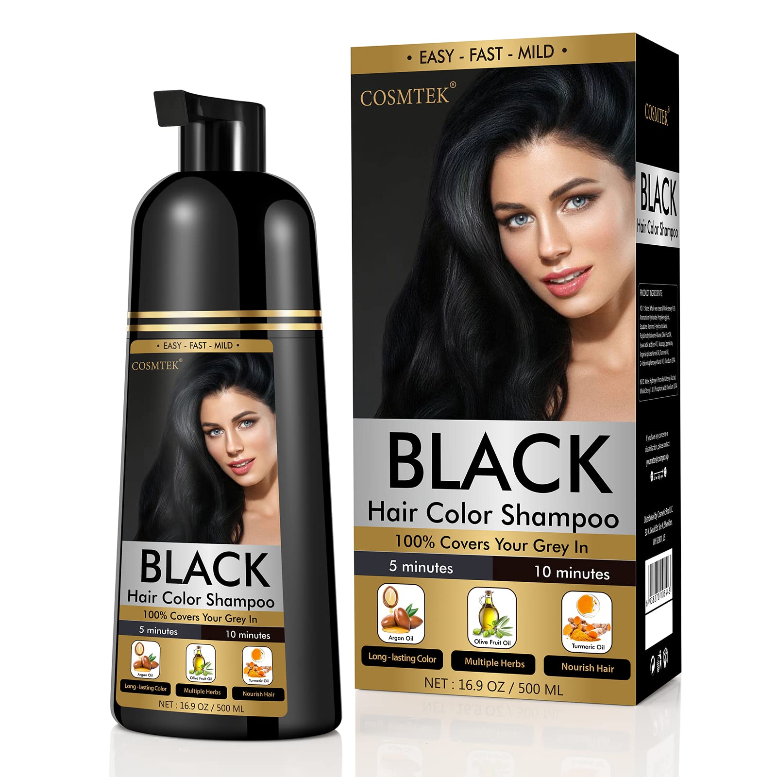 COSMTEK Black Dye Shampoo - 3-in-1 Gray Coverage for Hair & Beard (Ammonia-Free, 500ml)