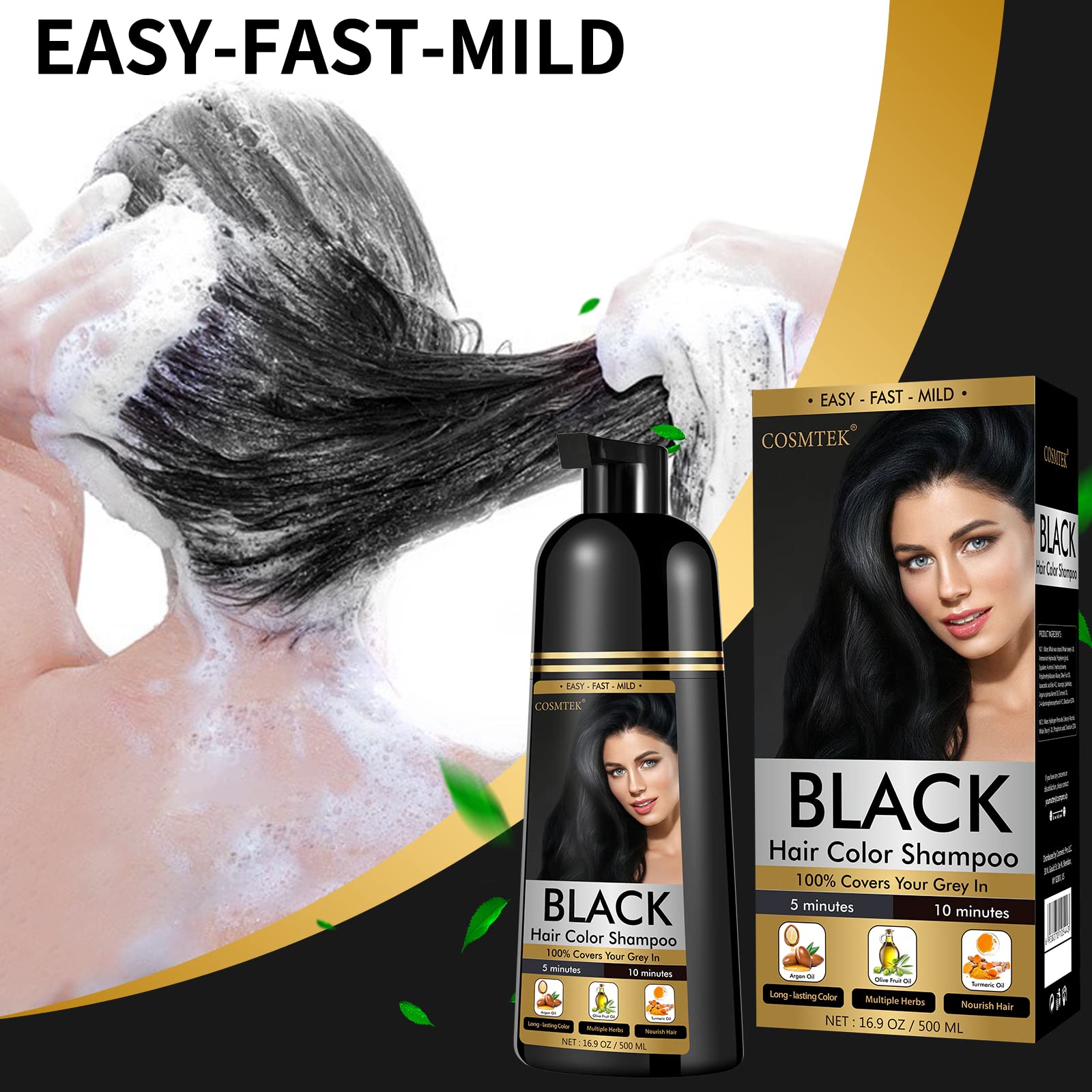 COSMTEK Black Dye Shampoo - 3-in-1 Gray Coverage for Hair & Beard (Ammonia-Free, 500ml)