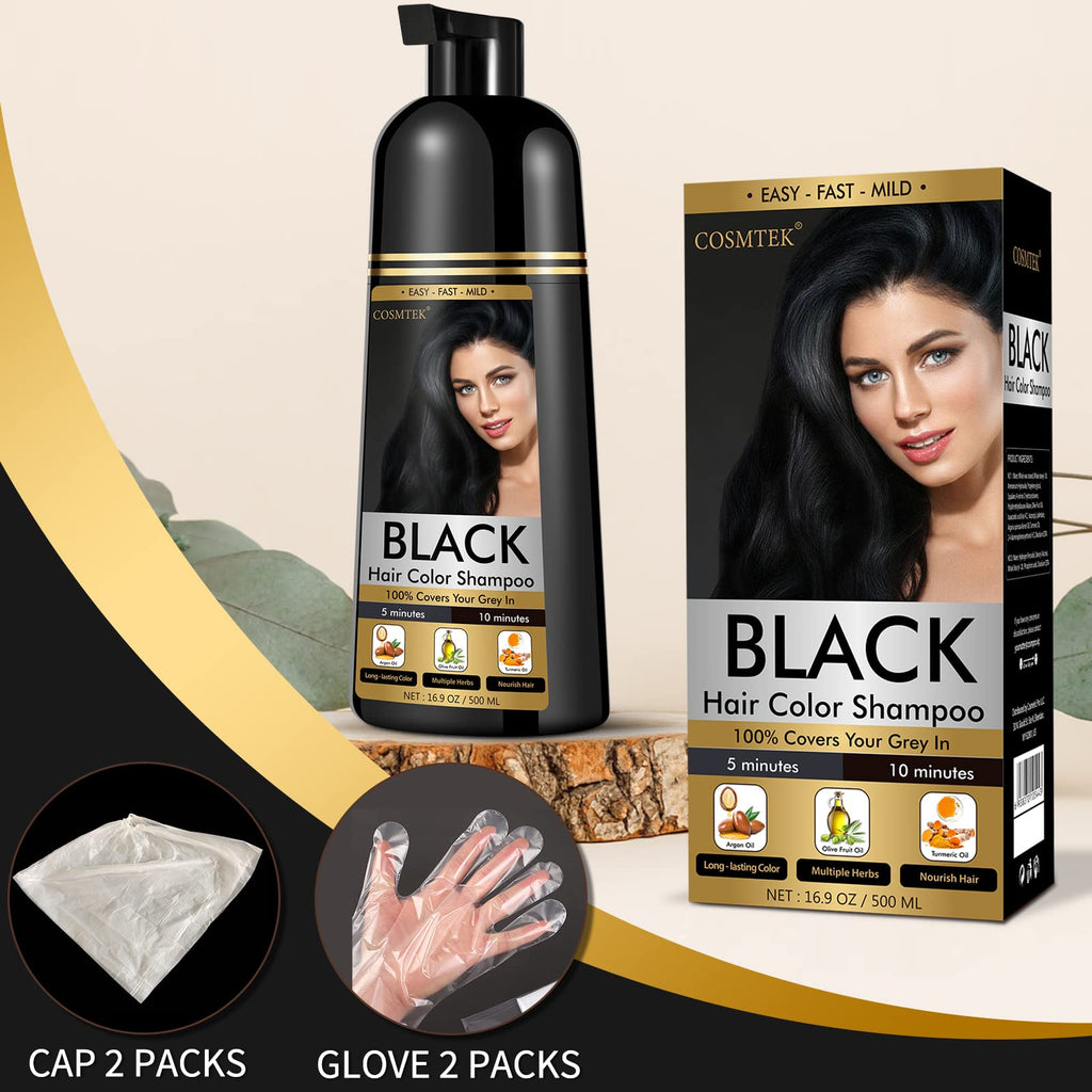 COSMTEK Black Dye Shampoo - 3-in-1 Gray Coverage for Hair & Beard (Ammonia-Free, 500ml)