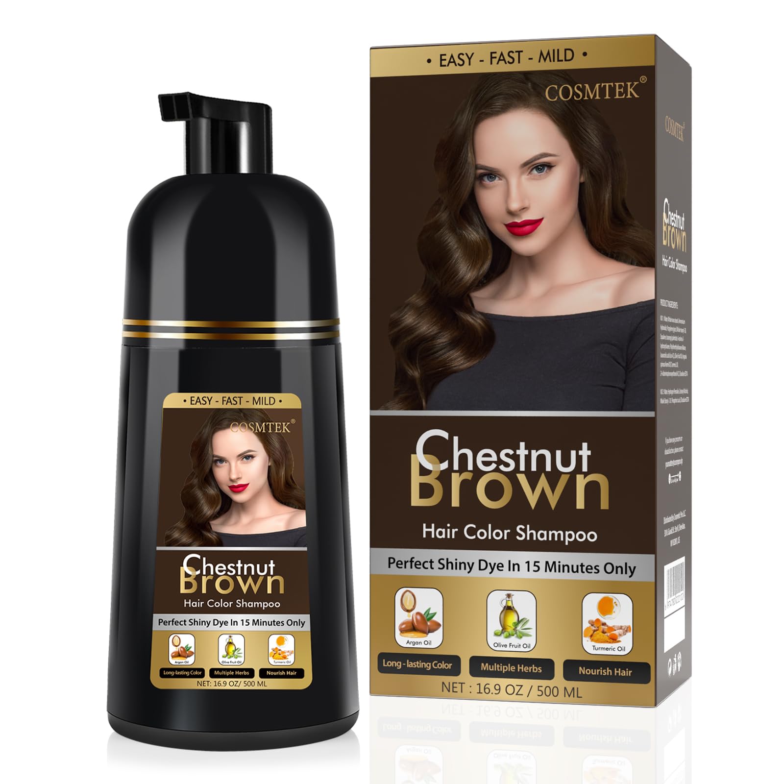 COSMTEK Chestnut Brown Hair Dye Shampoo – Semi-Permanent Color, Gray Coverage, 16.9 oz