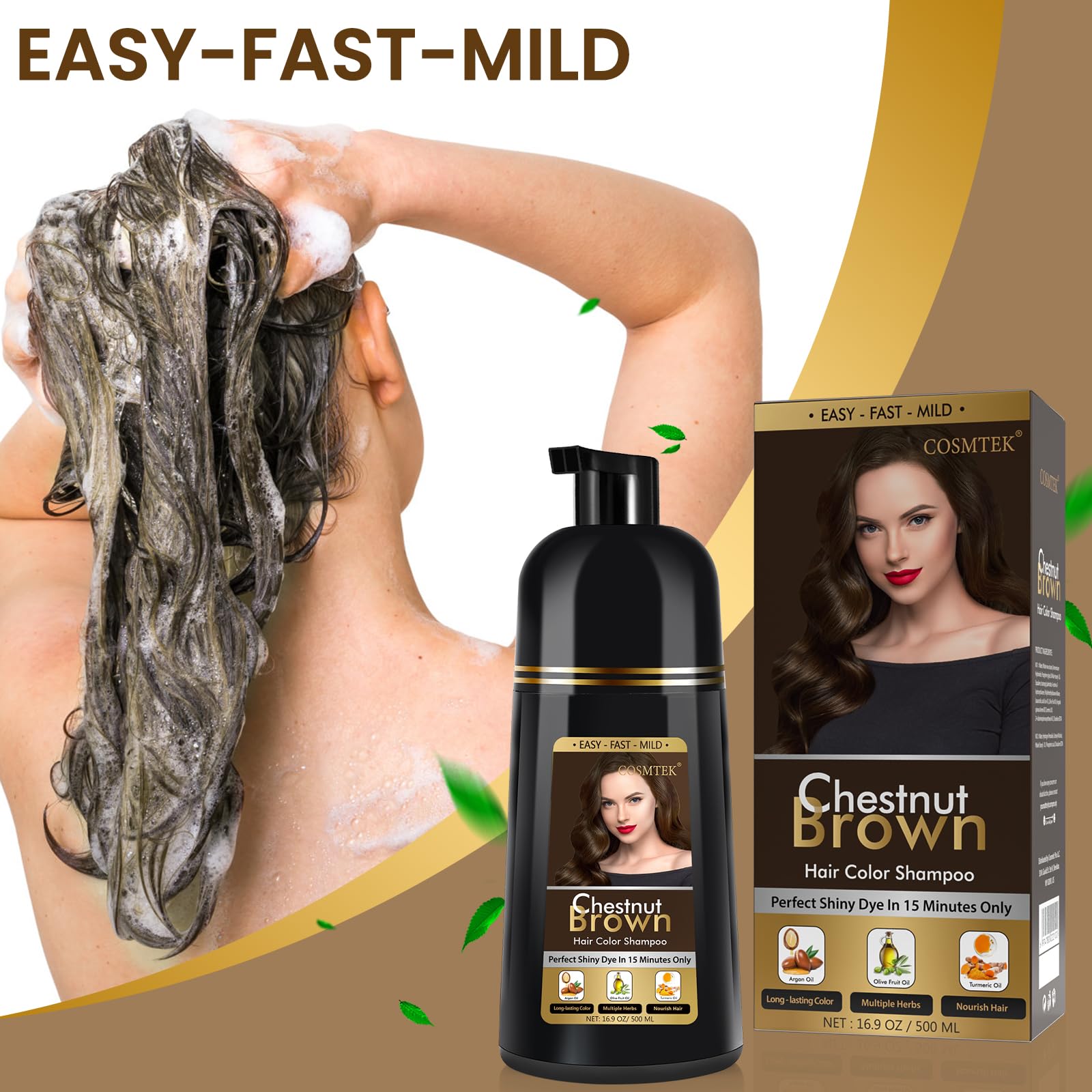 COSMTEK Chestnut Brown Hair Dye Shampoo – Semi-Permanent Color, Gray Coverage, 16.9 oz