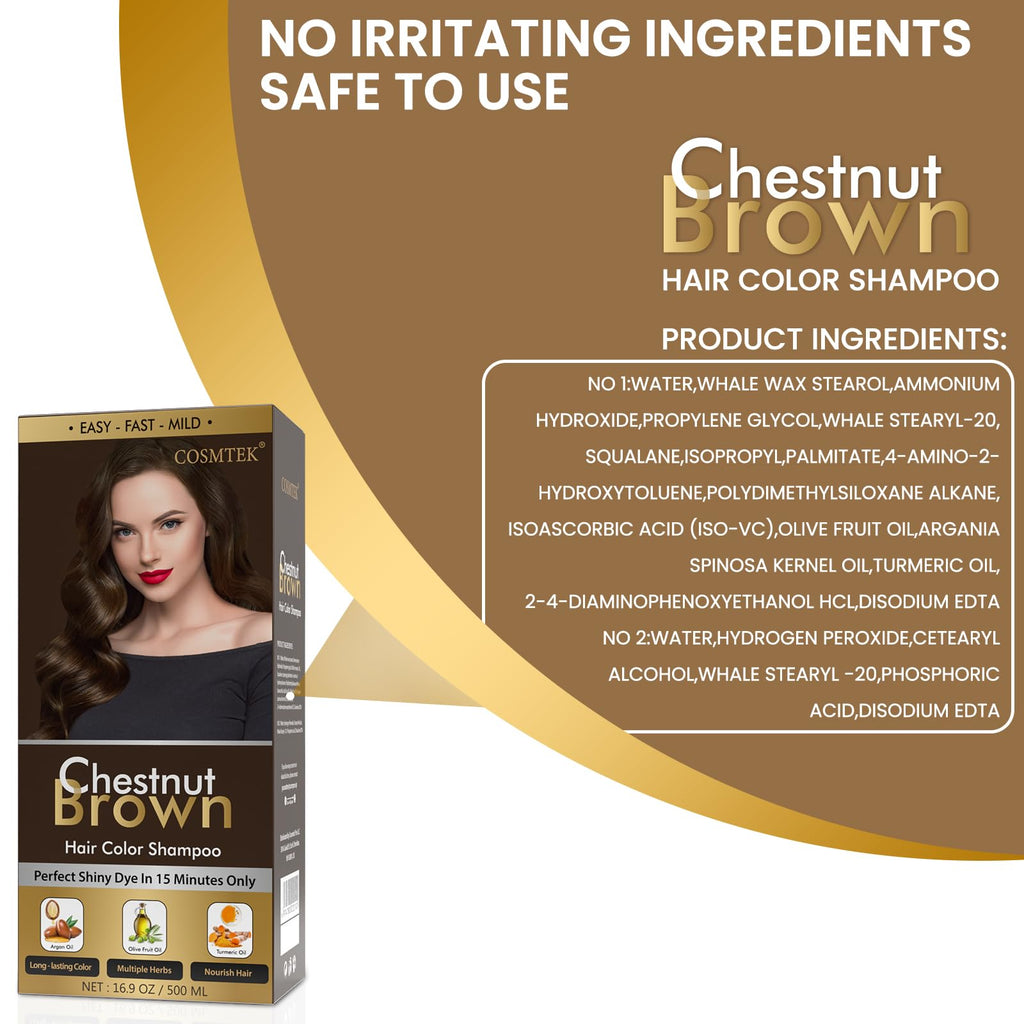 COSMTEK Chestnut Brown Hair Dye Shampoo – Semi-Permanent Color, Gray Coverage, 16.9 oz