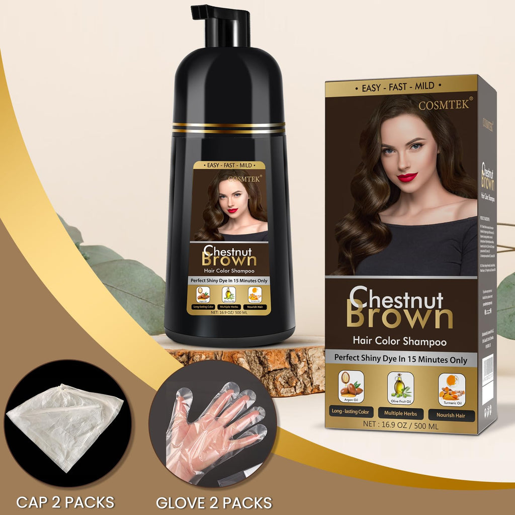 COSMTEK Chestnut Brown Hair Dye Shampoo – Semi-Permanent Color, Gray Coverage, 16.9 oz