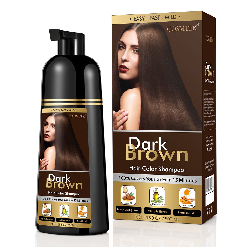 COSMTEK Dark Brown Hair Dye Shampoo Permanent — Ammonia-Free 3-in-1 Color for Gray Hair & Beard (500ml)