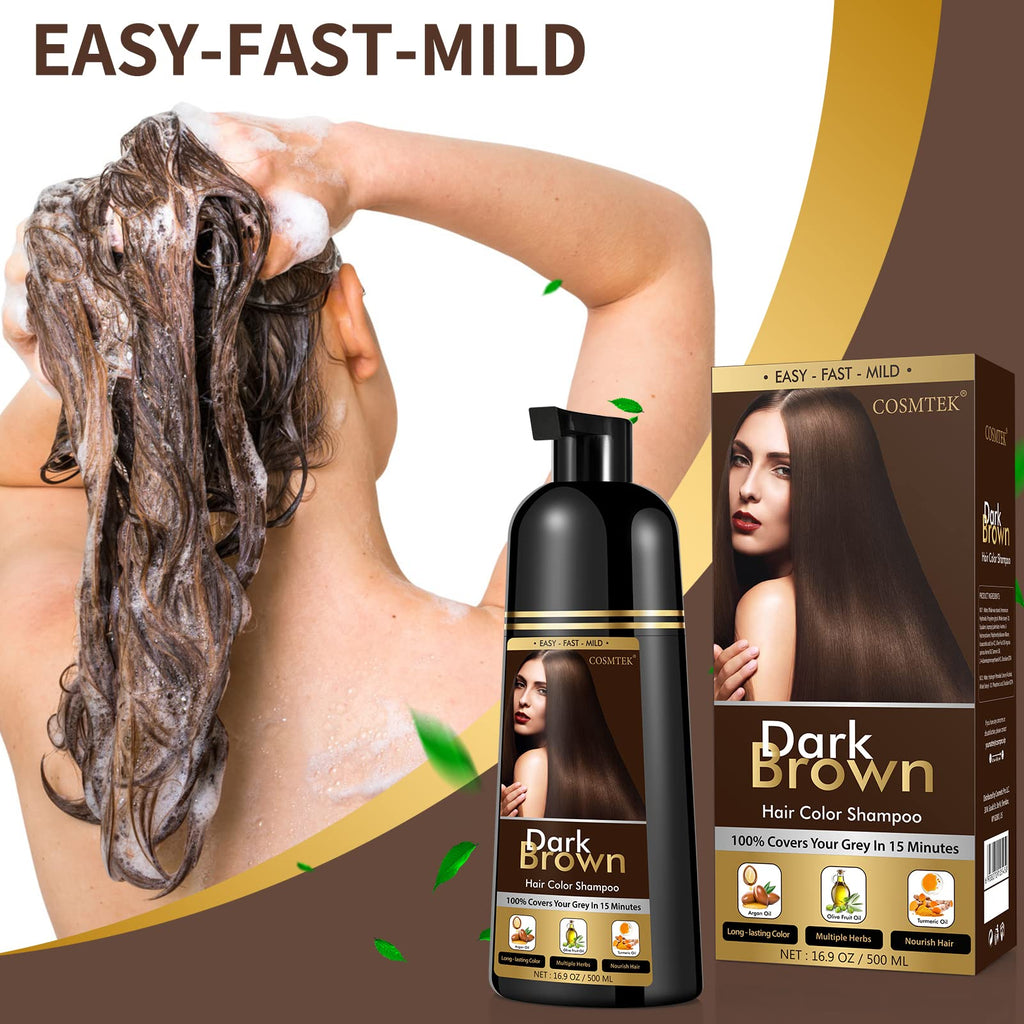 COSMTEK Dark Brown Hair Dye Shampoo Permanent — Ammonia-Free 3-in-1 Color for Gray Hair & Beard (500ml)