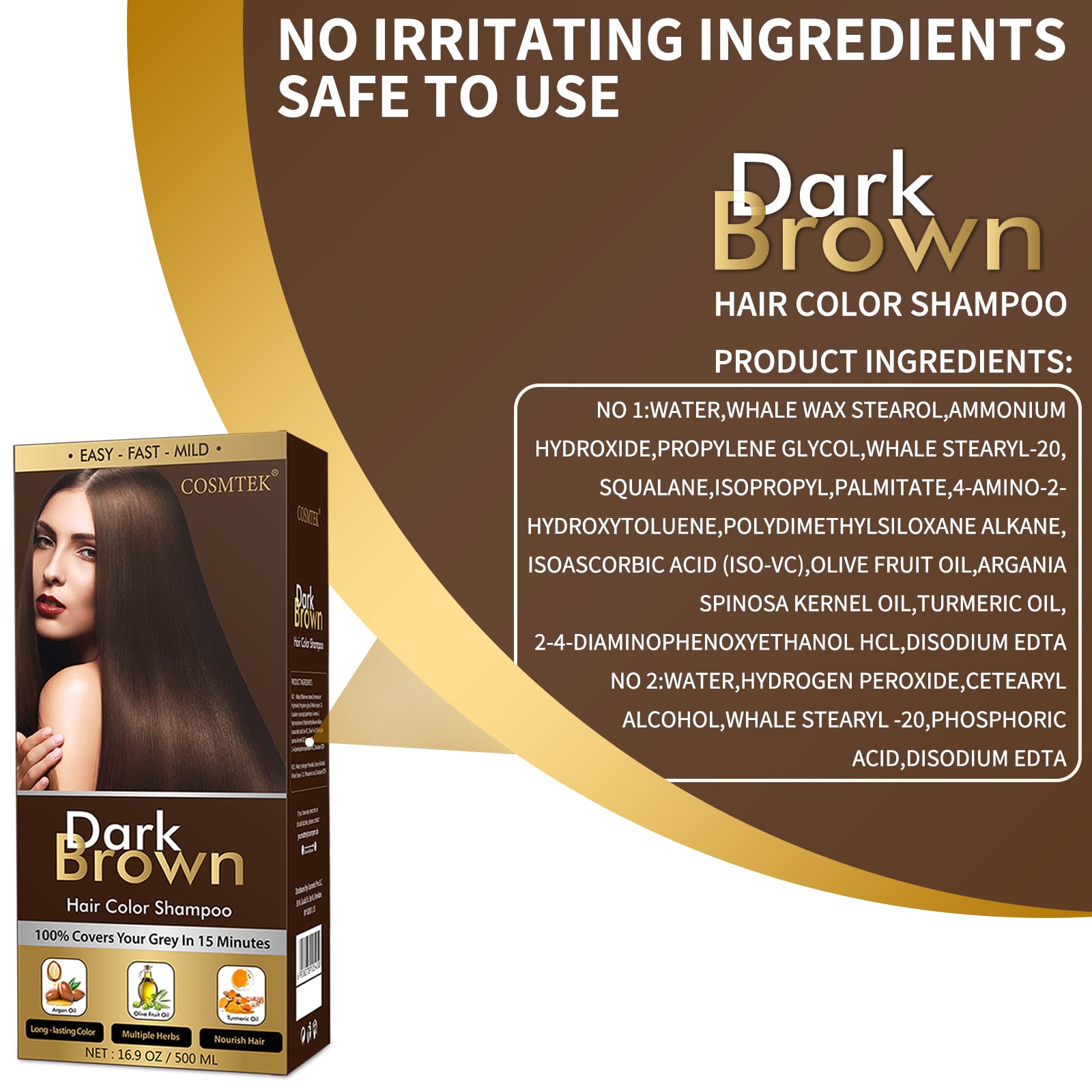 COSMTEK Dark Brown Hair Dye Shampoo Permanent — Ammonia-Free 3-in-1 Color for Gray Hair & Beard (500ml)