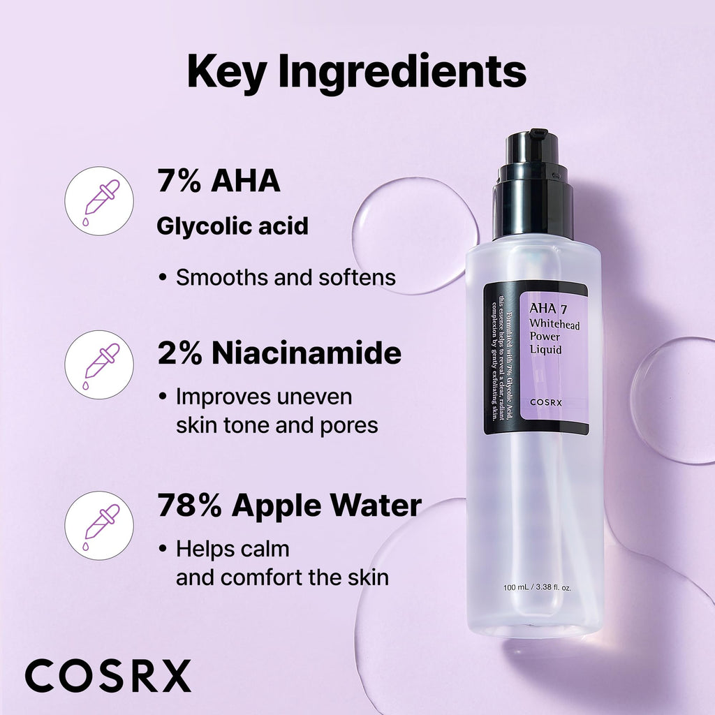 COSRX 7% Glycolic Acid Whitehead Removing Power Liquid – AHA Exfoliant & Pore Minimizer, 3.38 fl oz
