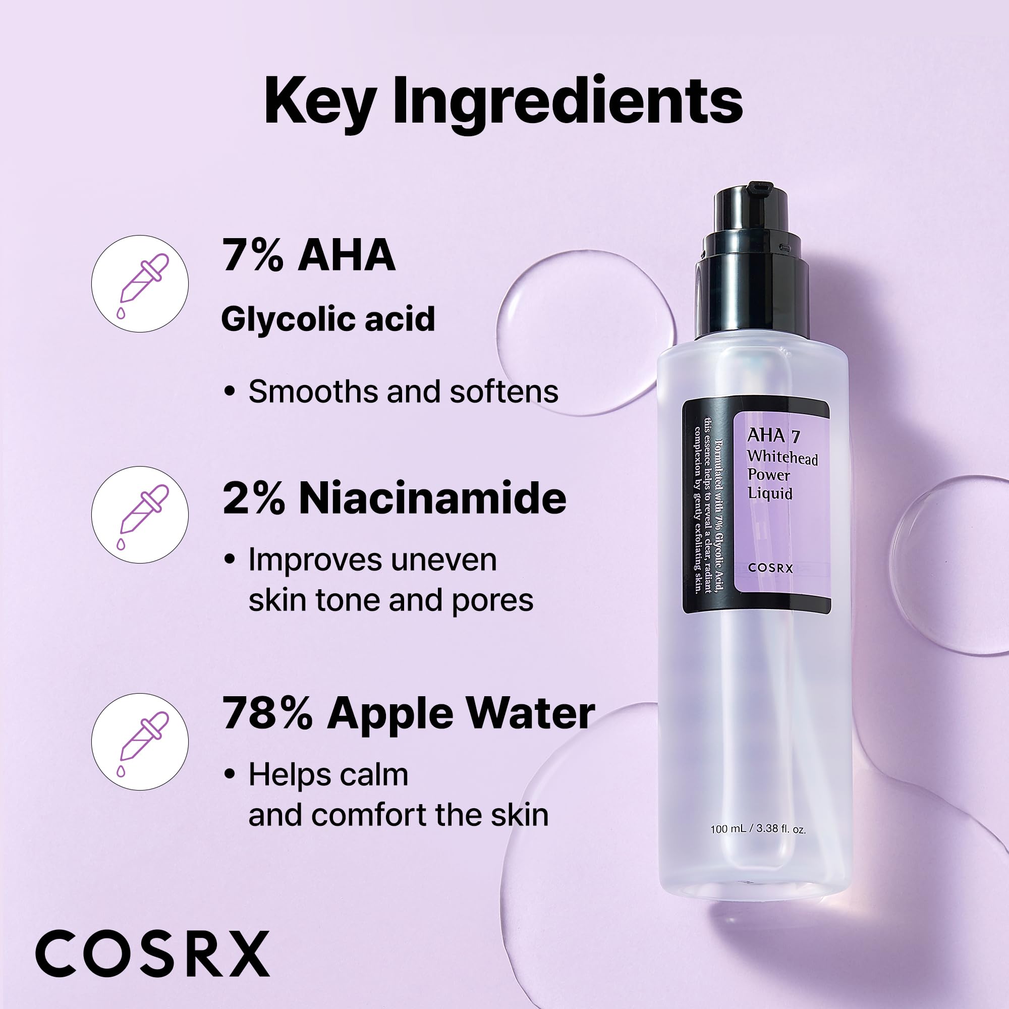 COSRX 7% Glycolic Acid Whitehead Removing Power Liquid – AHA Exfoliant & Pore Minimizer, 3.38 fl oz