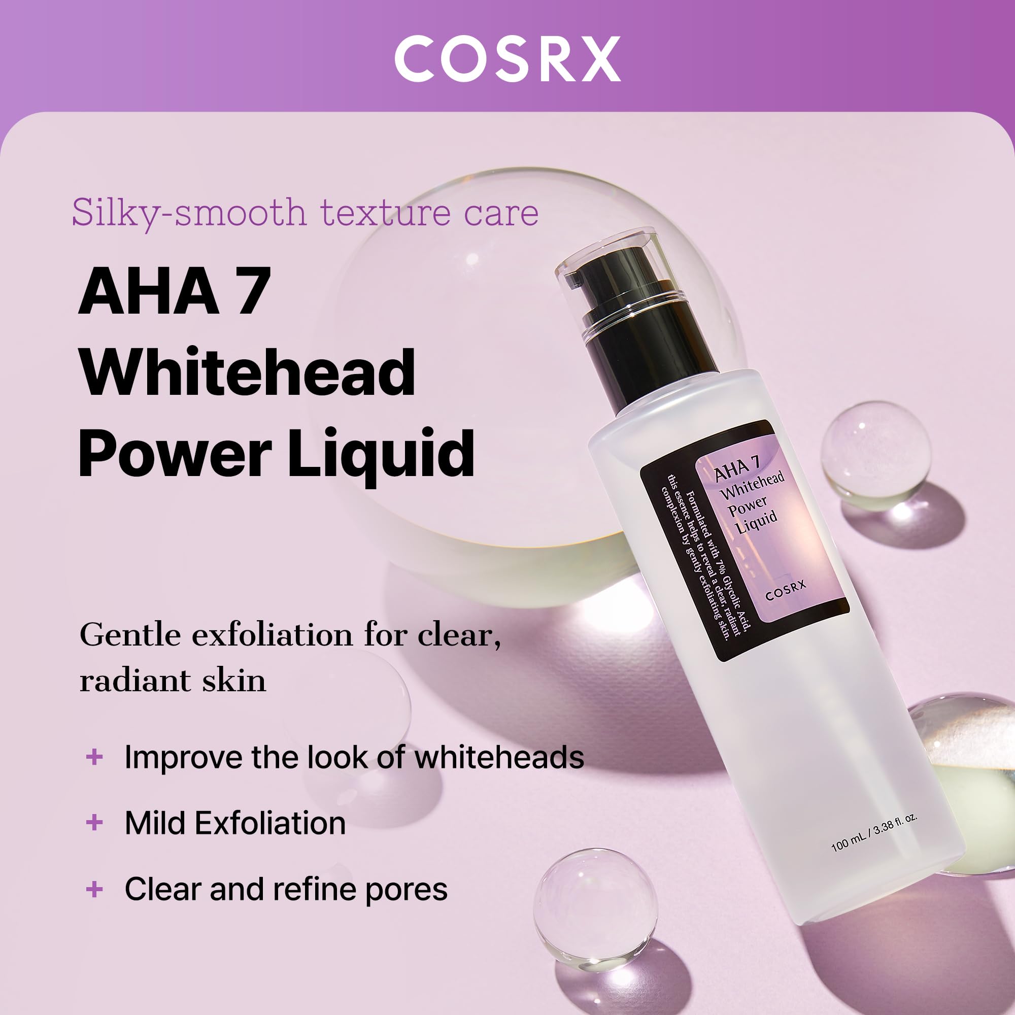 COSRX 7% Glycolic Acid Whitehead Removing Power Liquid – AHA Exfoliant & Pore Minimizer, 3.38 fl oz