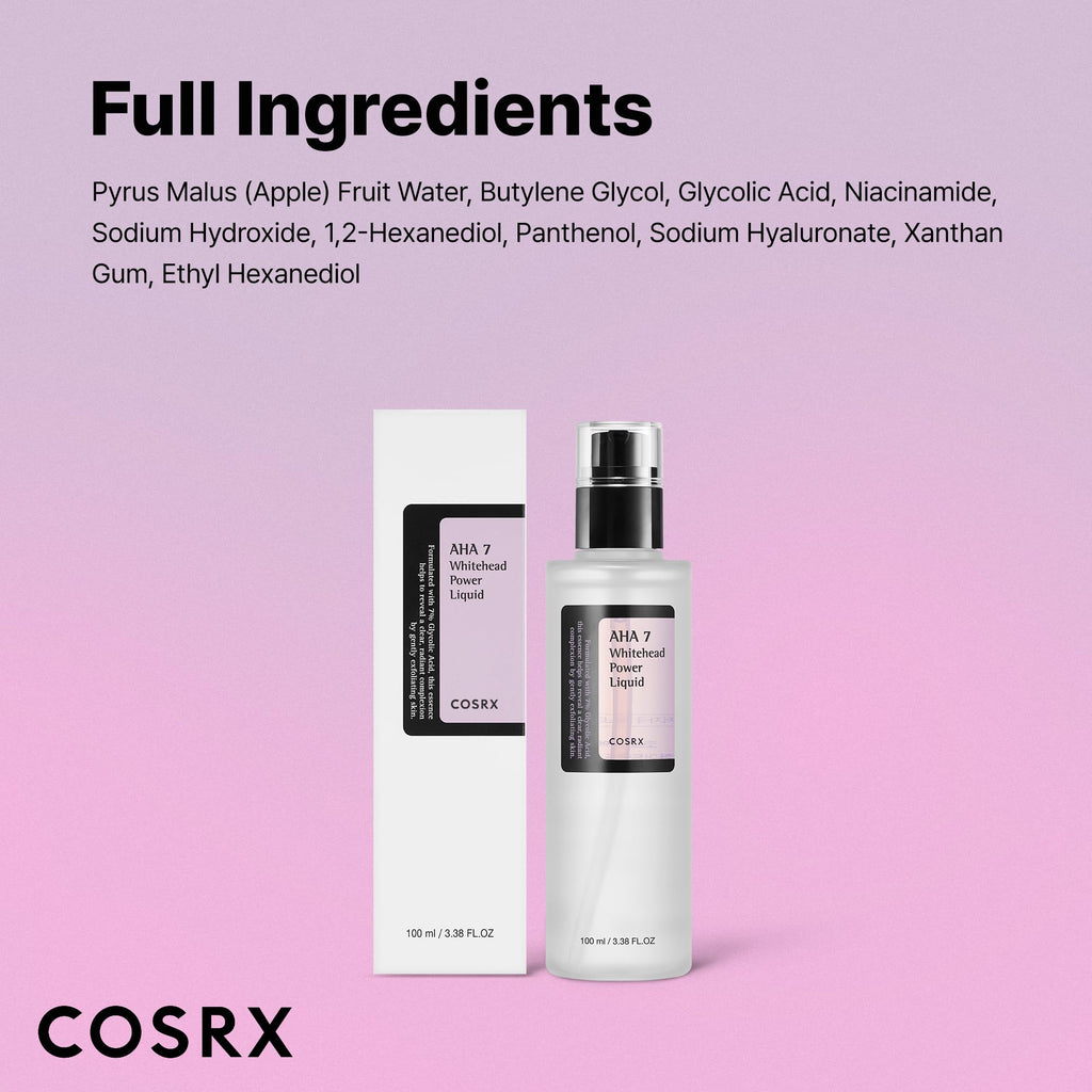 COSRX 7% Glycolic Acid Whitehead Removing Power Liquid – AHA Exfoliant & Pore Minimizer, 3.38 fl oz