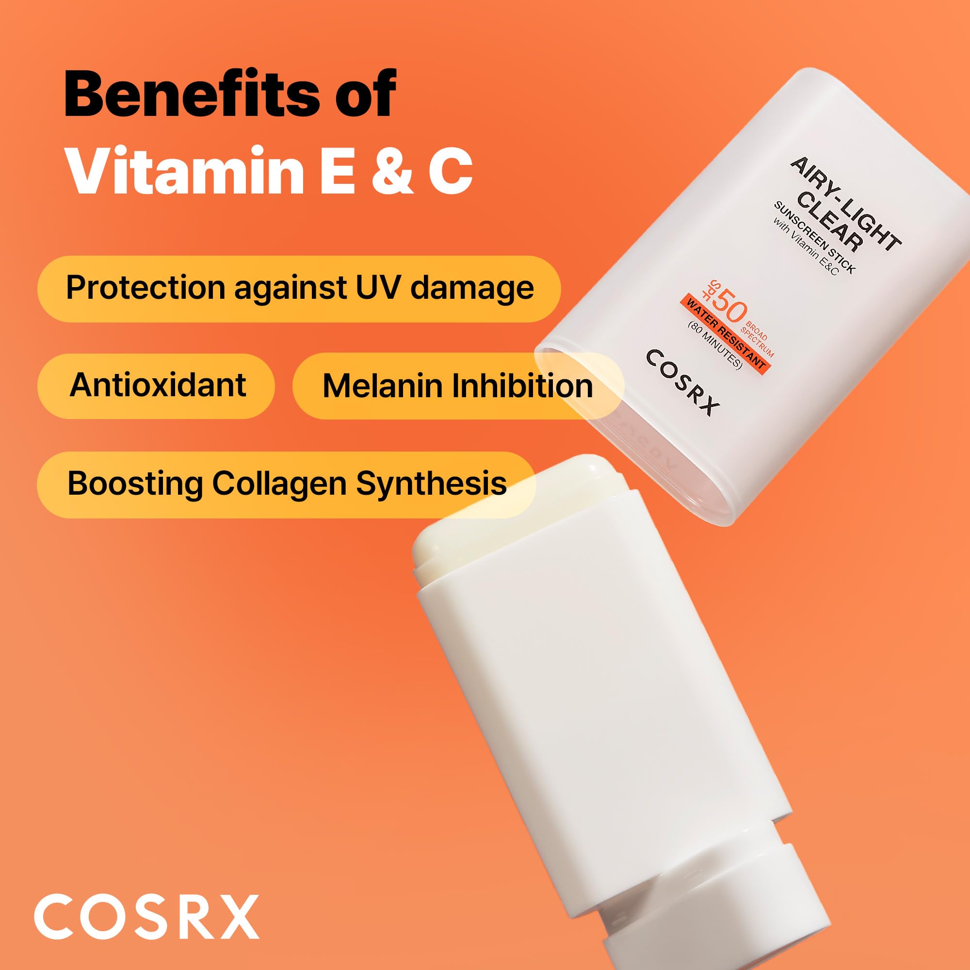 COSRX Airy-Light Clear Sunscreen Stick SPF 50 | Matte Finish, Vitamin E & C, 0.67 oz (19 g)