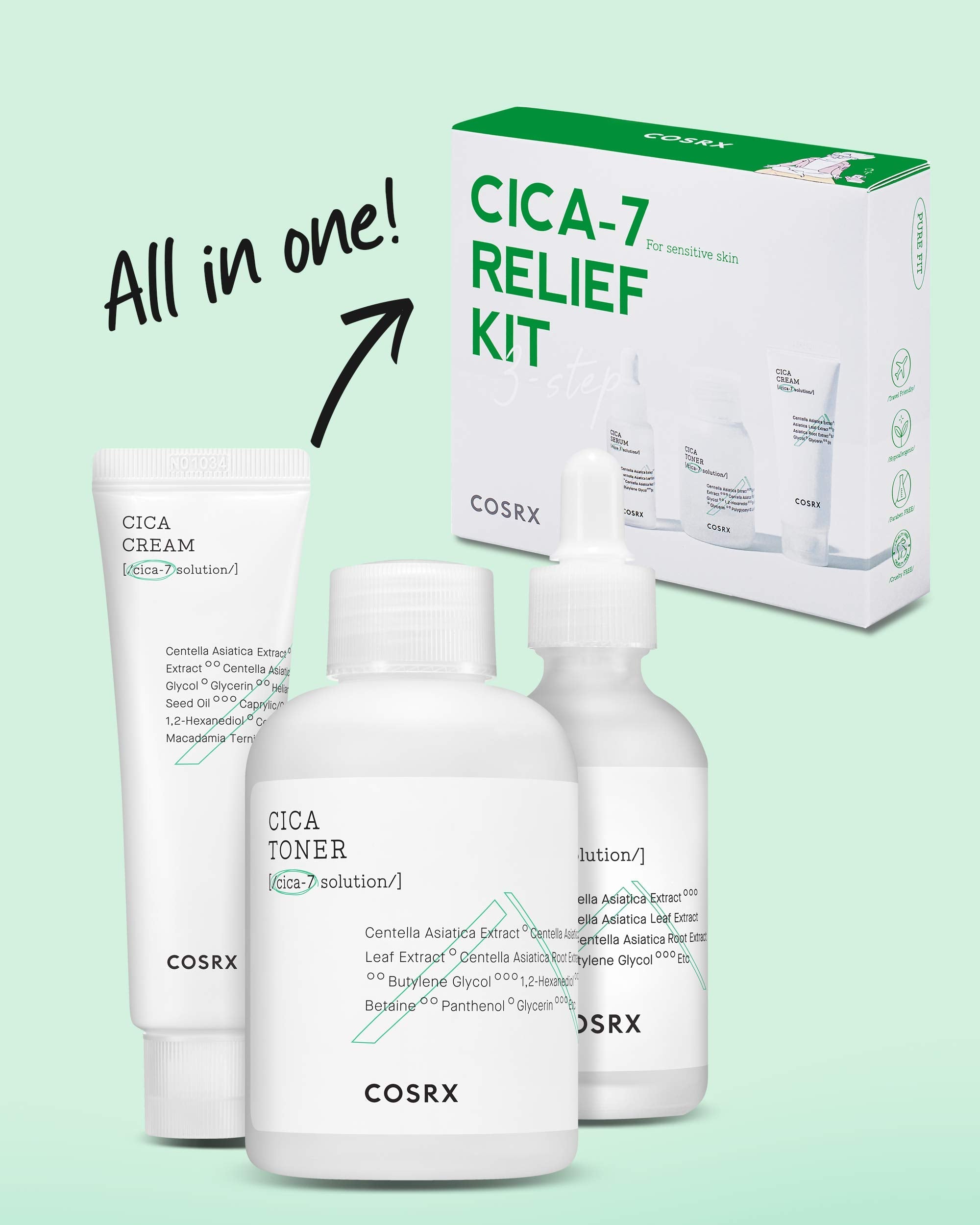 COSRX CICA Relief Kit — Toner, Serum & Cream for Sensitive Skin | Travel Size Gift Set