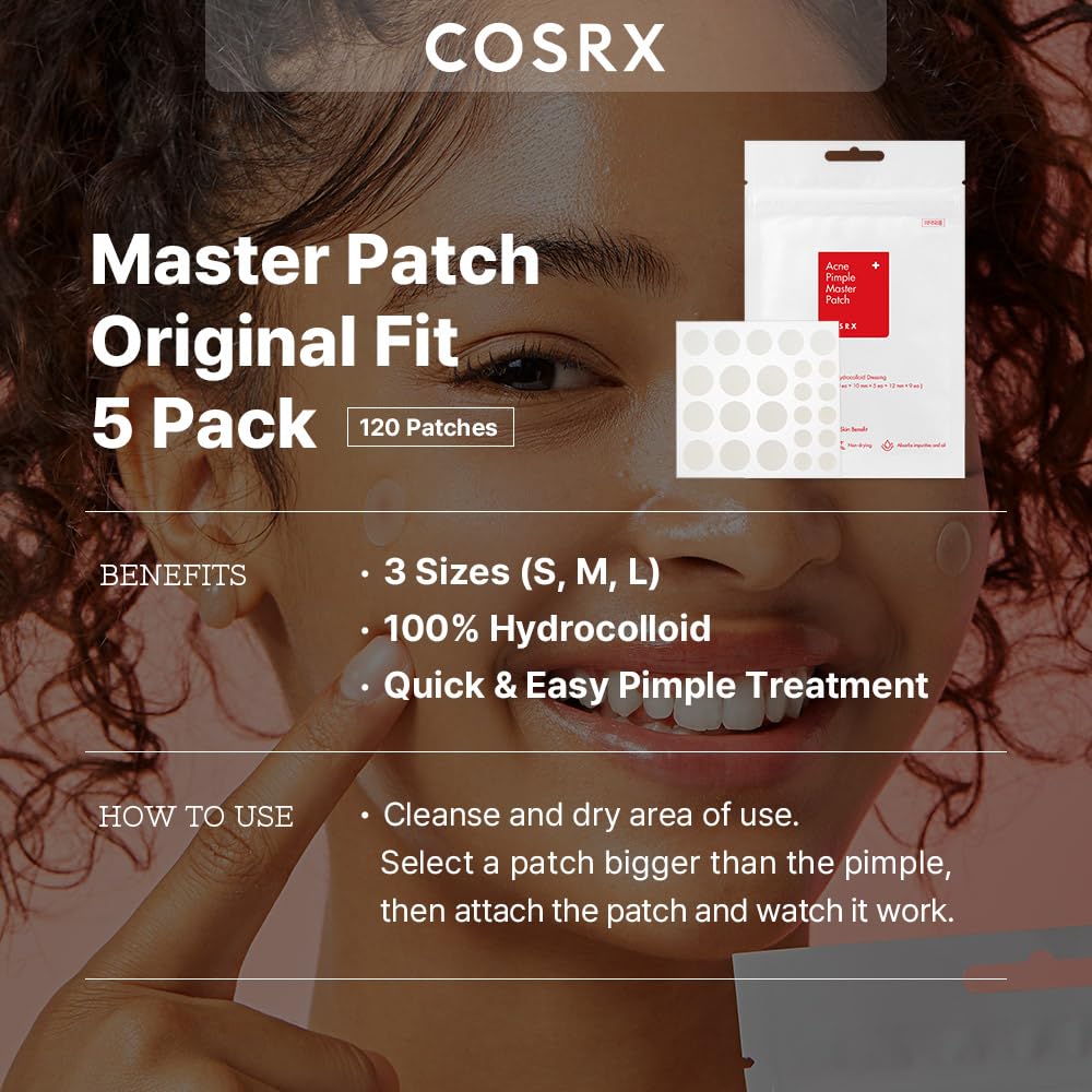COSRX Acne Pimple Patch Original – 3 Sizes, Hydrocolloid Zits Cover (120 Count, Pack of 5)