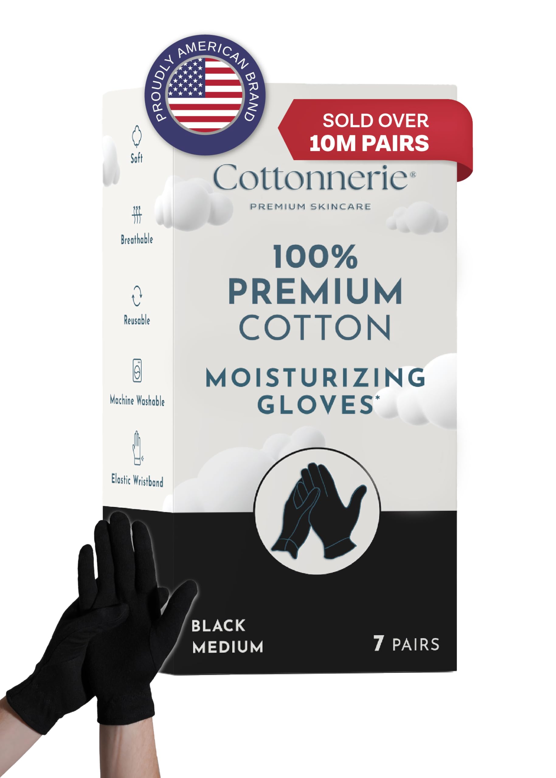 Cottonnerie Overnight Cotton Gloves for Dry Hands – 7 Pairs, Medium, Black