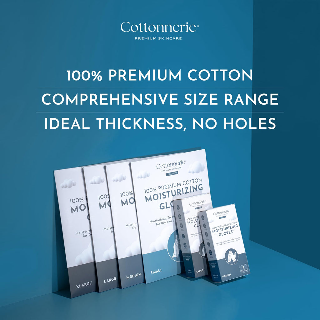 Cottonnerie Original Cotton Gloves for Sleeping – Overnight Moisturizing Gloves (8 Pairs, Medium)
