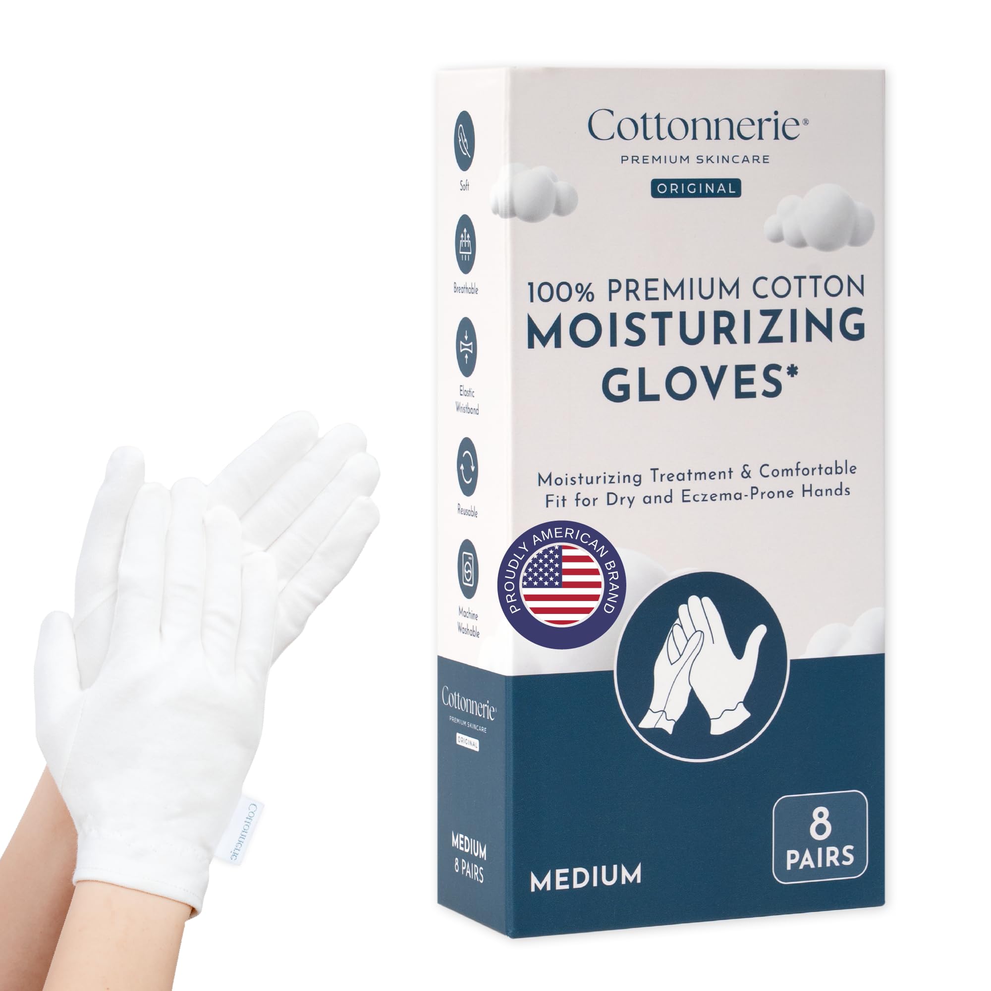 Cottonnerie Original Cotton Gloves for Sleeping – Overnight Moisturizing Gloves (8 Pairs, Medium)