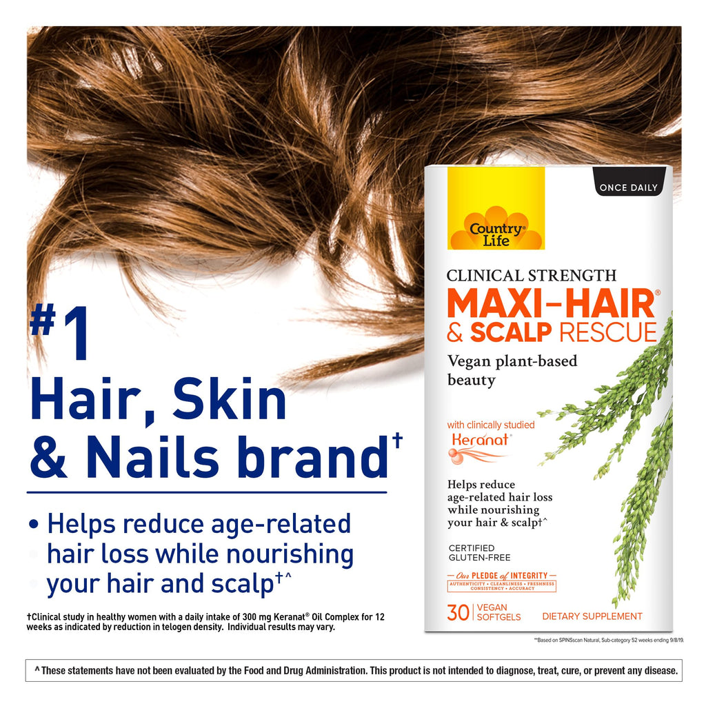Country Life Maxi-Hair & Scalp Rescue — Plant-Based Hair Support, 30 Softgels, Gluten Free