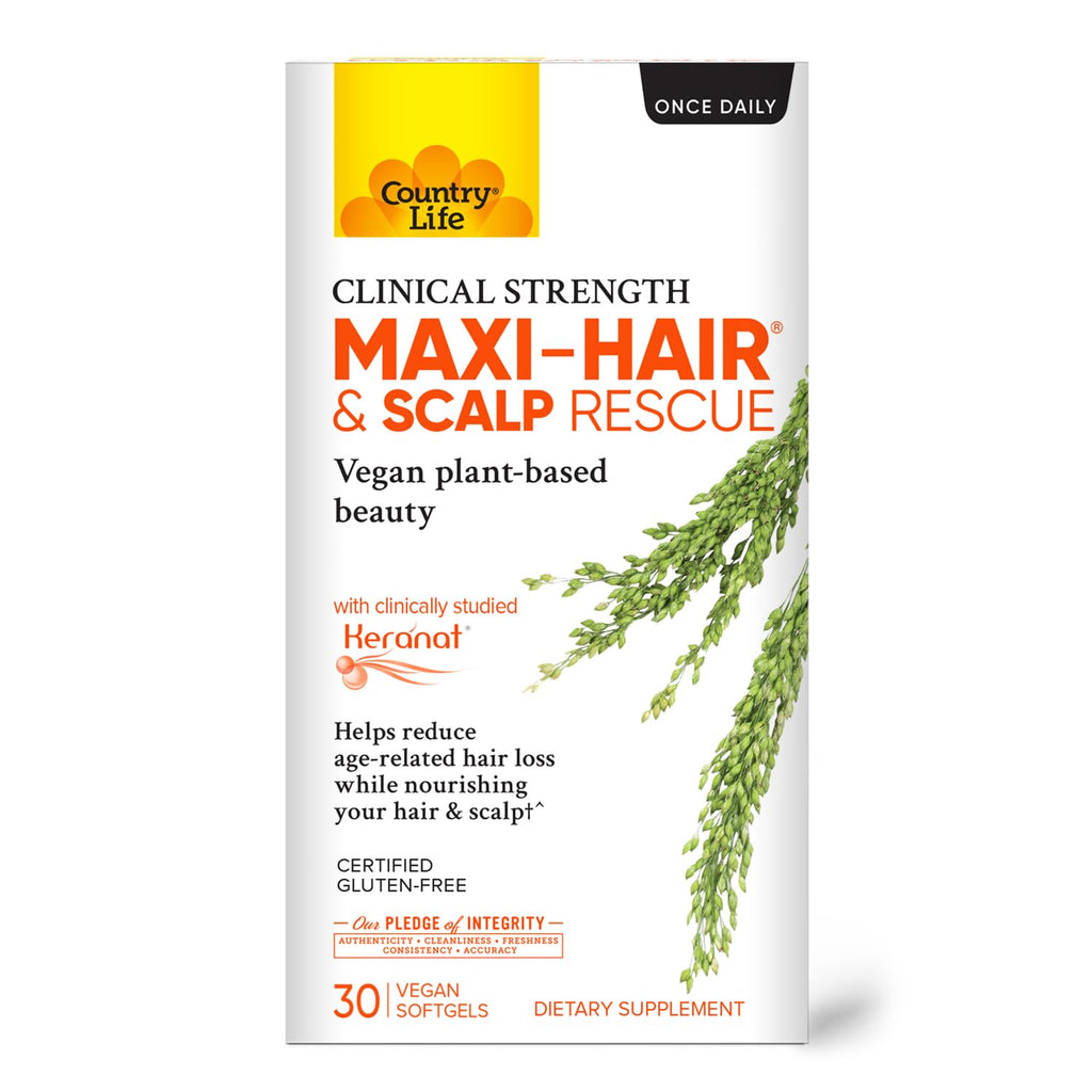 Country Life Maxi-Hair & Scalp Rescue — Plant-Based Hair Support, 30 Softgels, Gluten Free