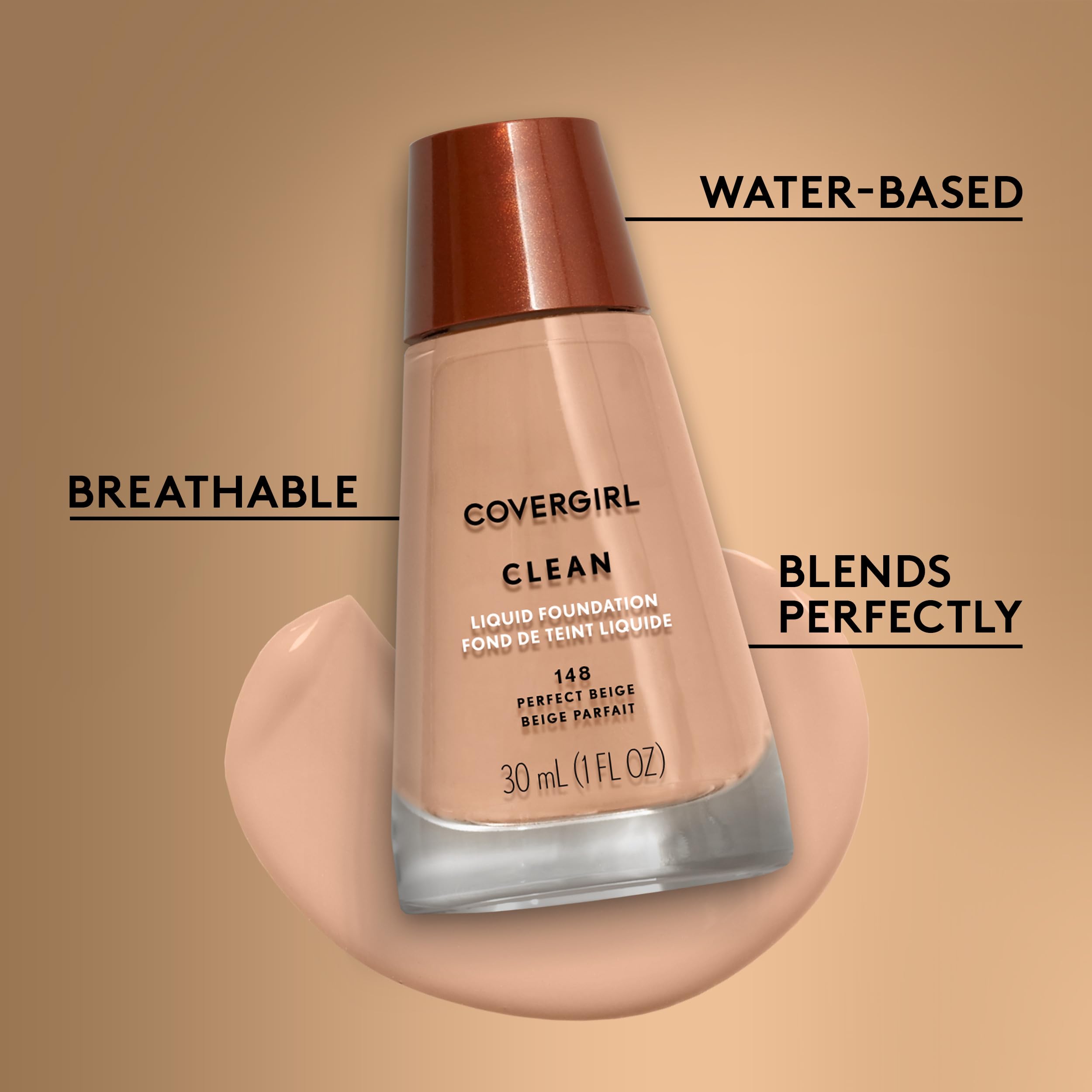 COVERGIRL Clean Liquid Foundation 148 Perfect Beige | Lightweight, Breathable Coverage