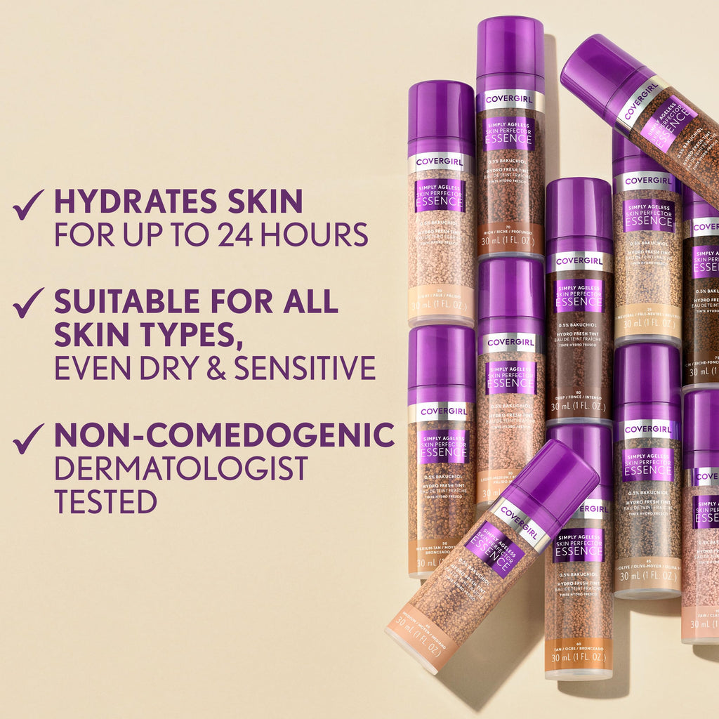 CoverGirl Simply Ageless Skin Perfector Essence Foundation, 20 Light – Vegan Tinted Skincare Makeup Hybrid, 1.0oz