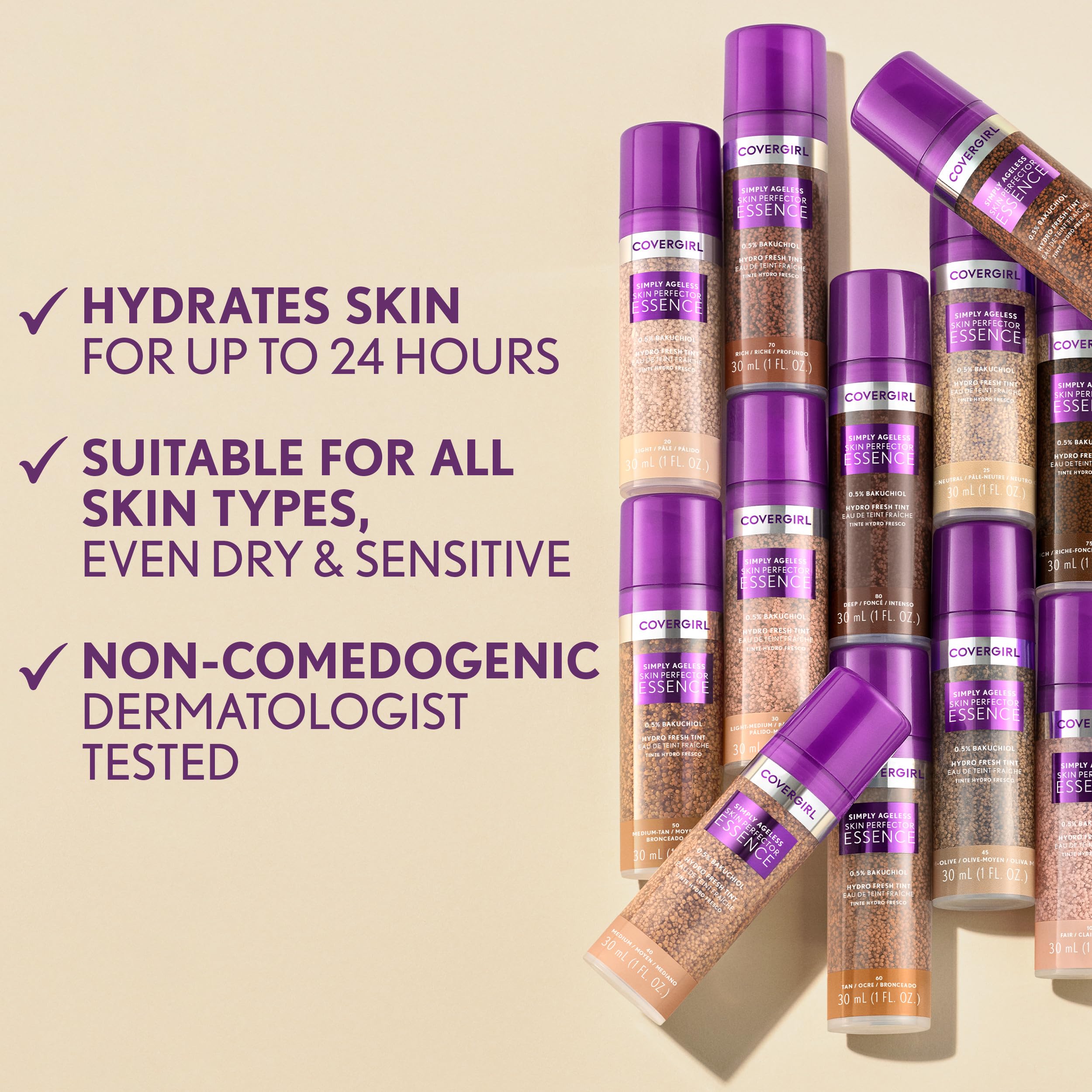 CoverGirl Simply Ageless Skin Perfector Essence Foundation, 20 Light – Vegan Tinted Skincare Makeup Hybrid, 1.0oz