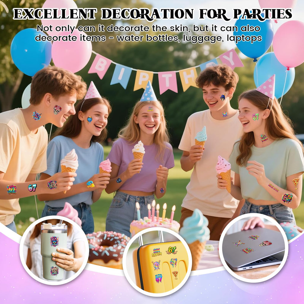 CozyNuukee 180PCS 6-7 Temporary Tattoos – Drip Baseball & Ice Cream Party Decor (15 Sheets, 60 Styles)