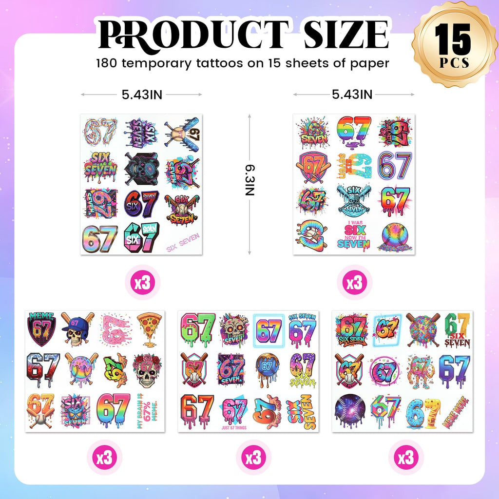 CozyNuukee 180PCS 6-7 Temporary Tattoos – Drip Baseball & Ice Cream Party Decor (15 Sheets, 60 Styles)