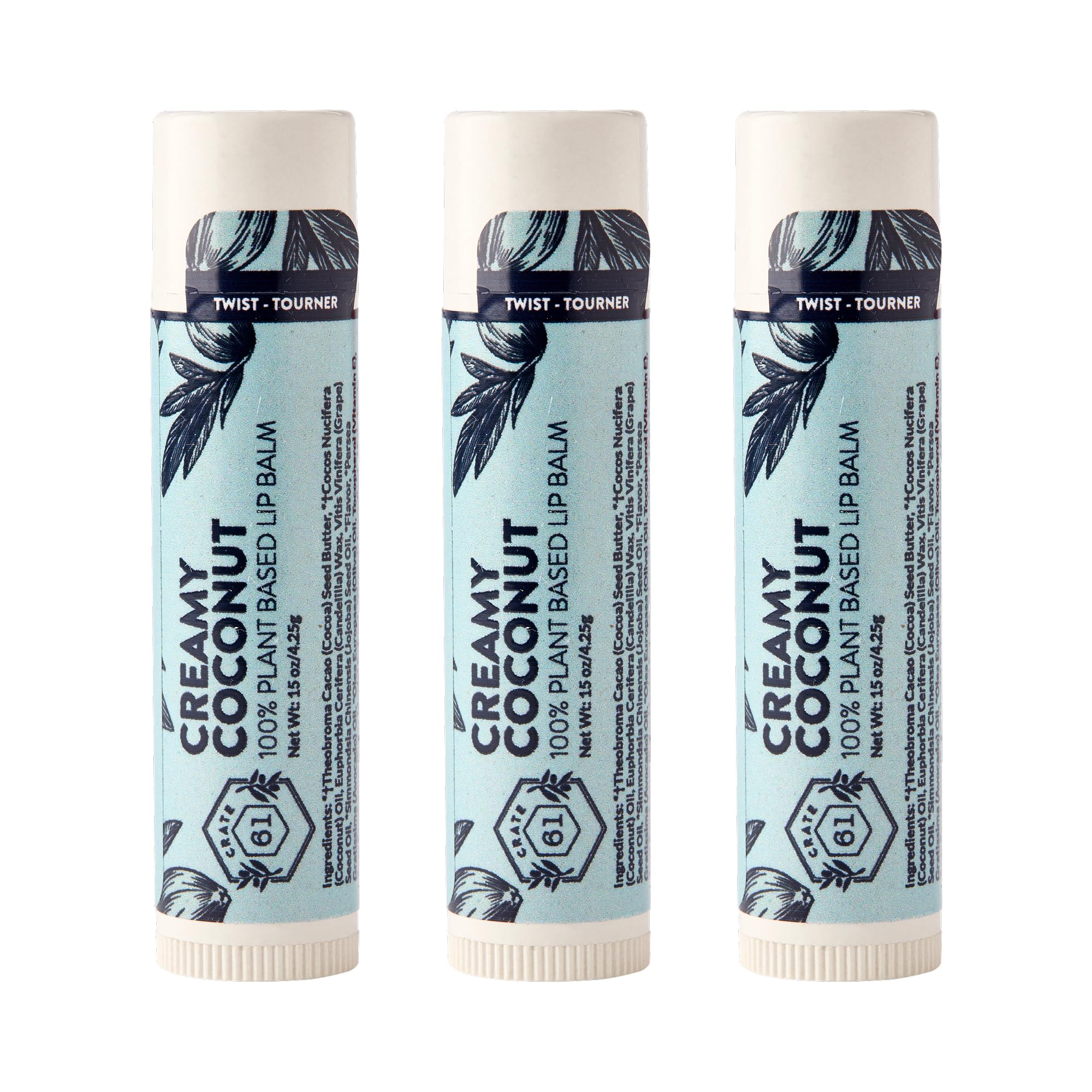 Crate 61 Lip Balm 3-Pack – Creamy Coconut | Plastic-Free Plant Pod Tube | USDA Organic