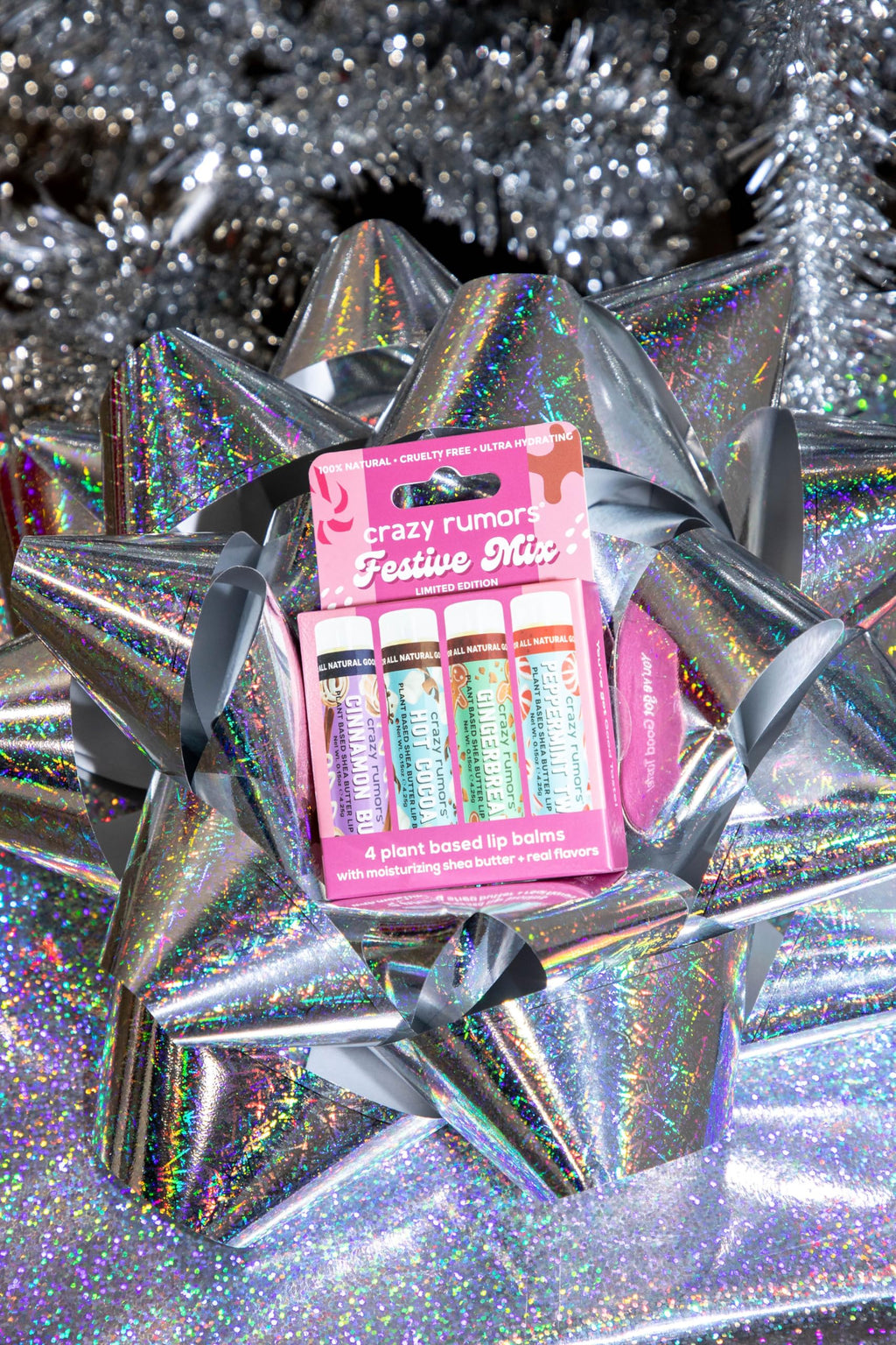 Crazy Rumors Festive Mix Lip Balm 4-Pack: Gingerbread, Hot Cocoa, Cinnamon Bun + Peppermint Twist