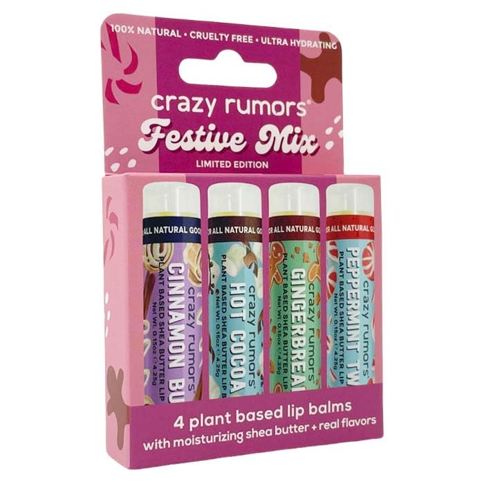 Crazy Rumors Festive Mix Lip Balm 4-Pack: Gingerbread, Hot Cocoa, Cinnamon Bun + Peppermint Twist