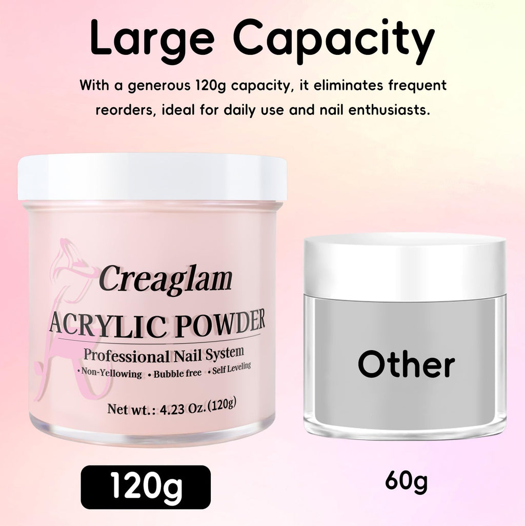 Creaglam Acrylic Powder 120g (4.23oz) – No Lamp Needed for Nail Extensions | Bubble-Free, Crystal-Clear Finish