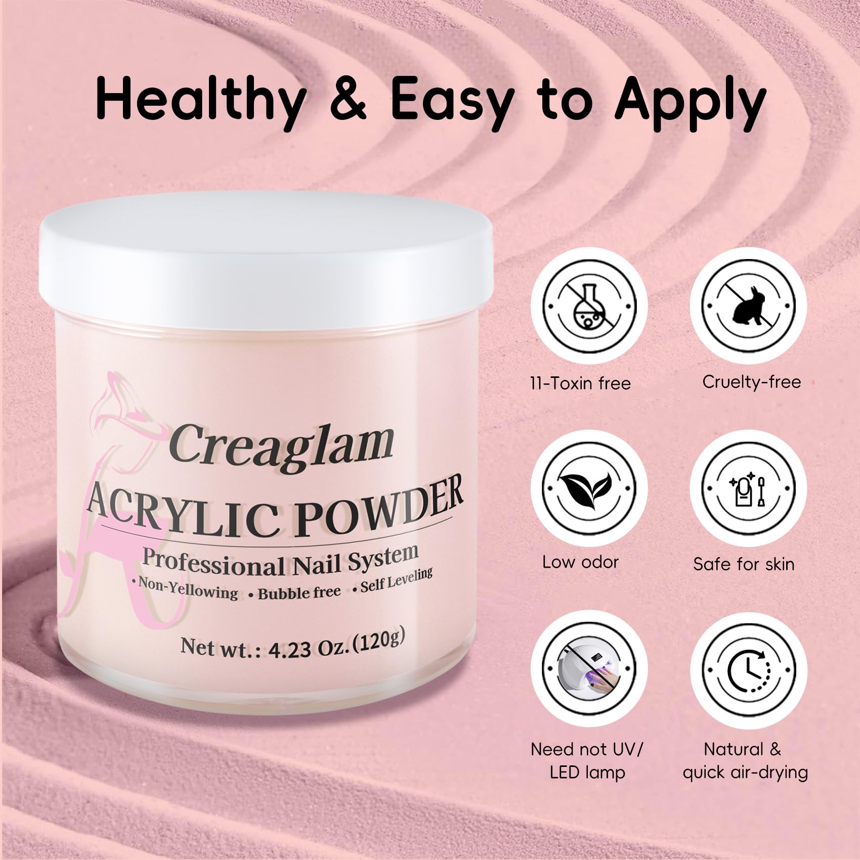 Creaglam Acrylic Powder 120g (4.23oz) – No Lamp Needed for Nail Extensions | Bubble-Free, Crystal-Clear Finish