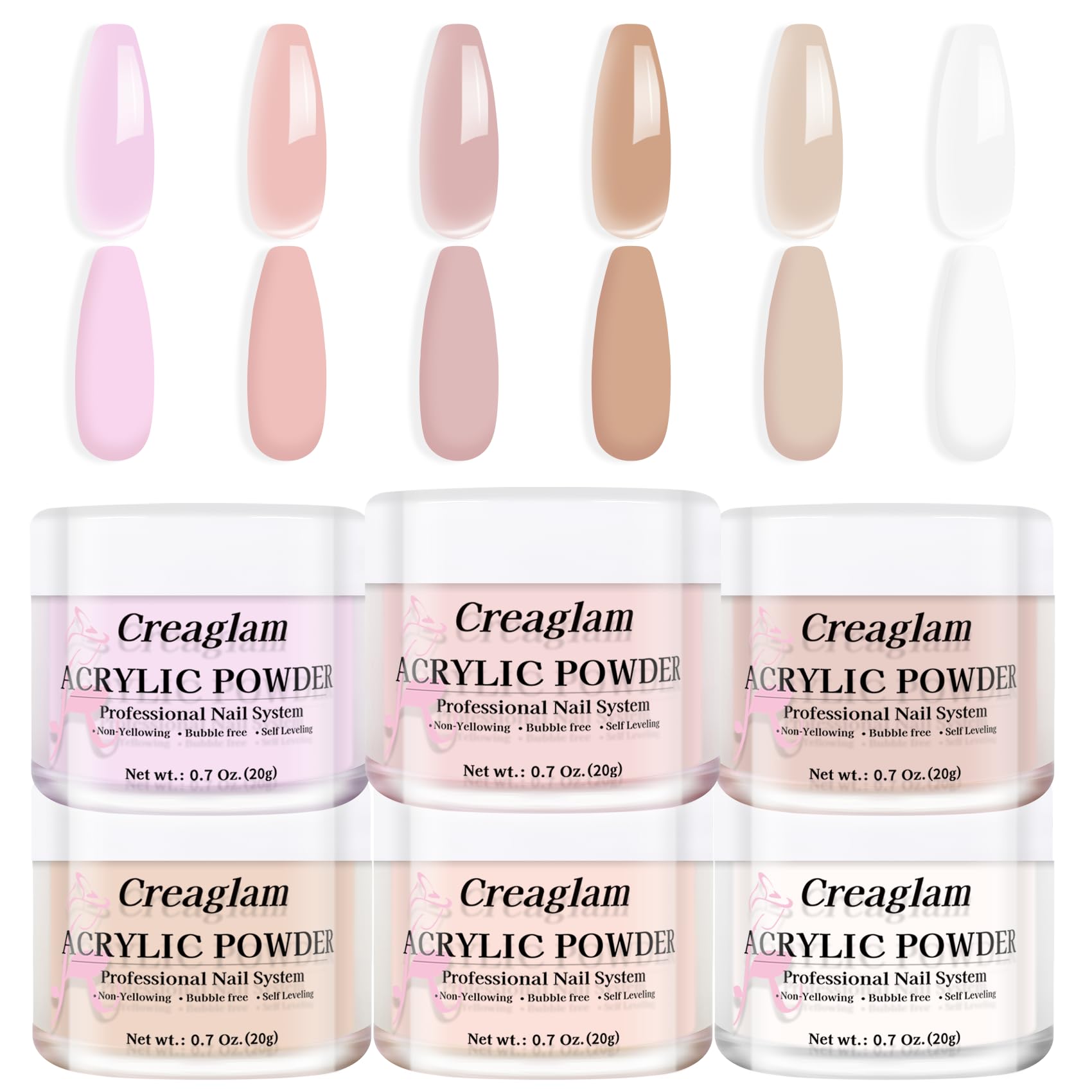 Creaglam Acrylic Nail Powder Kit – 6 Colors for French & 3D Nail Art, No Lamp
