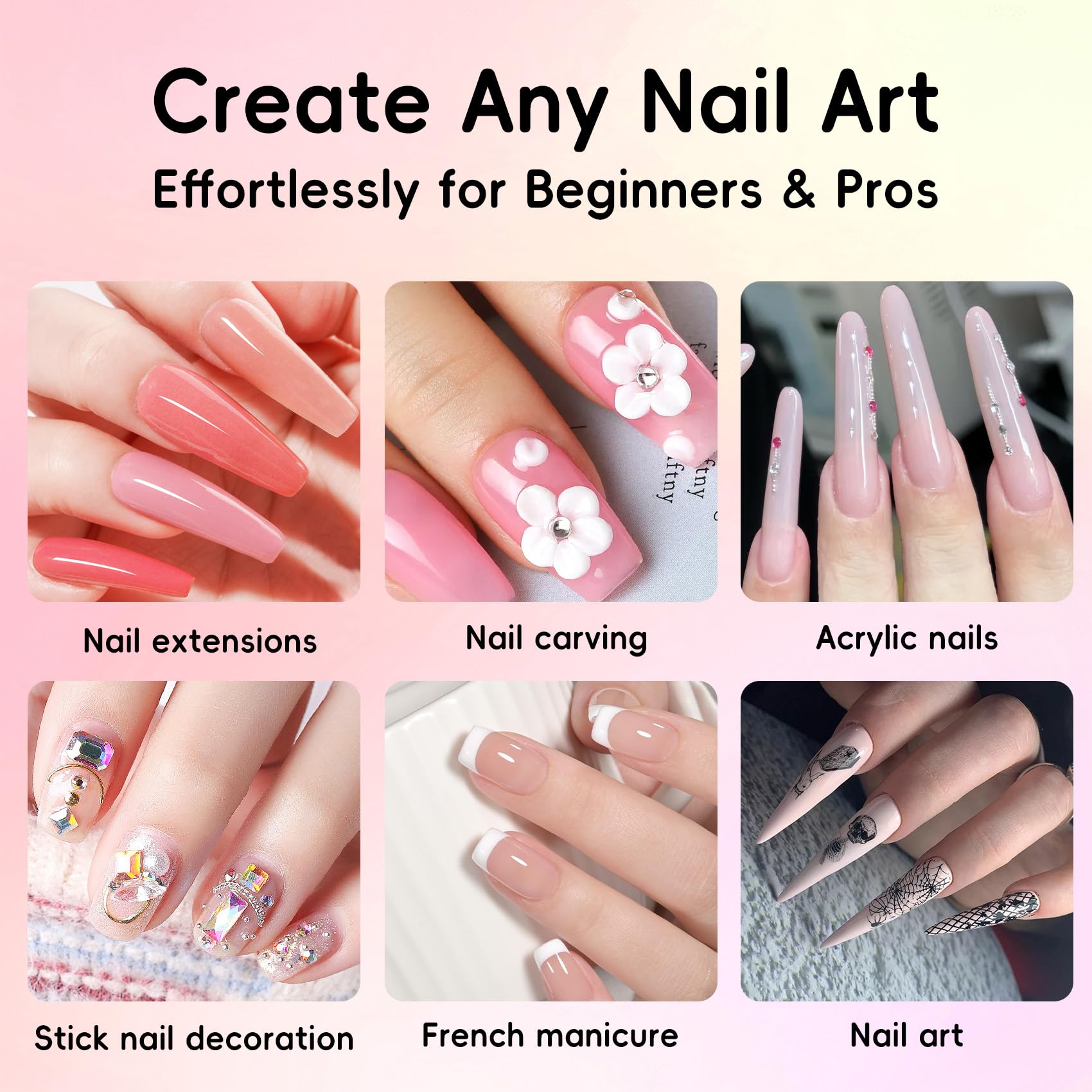 Creaglam Acrylic Nail Powder Kit – 6 Colors for French & 3D Nail Art, No Lamp