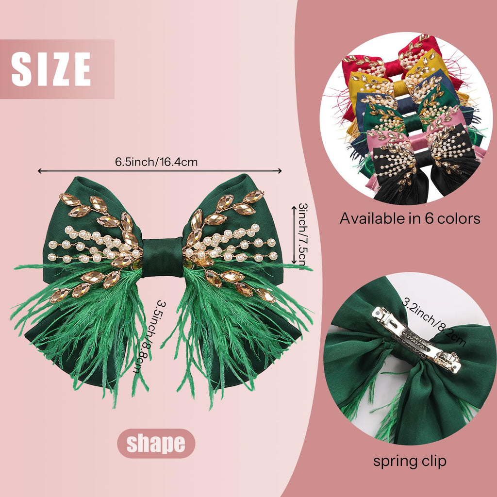 CROWN GUIDE Large Green Hair Bows Clips – Satin Silk, Pearl Crystals