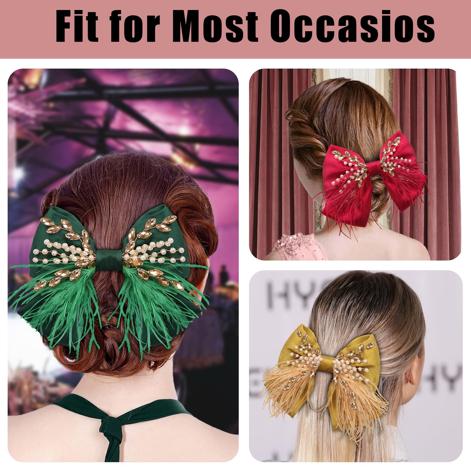 CROWN GUIDE Large Green Hair Bows Clips – Satin Silk, Pearl Crystals