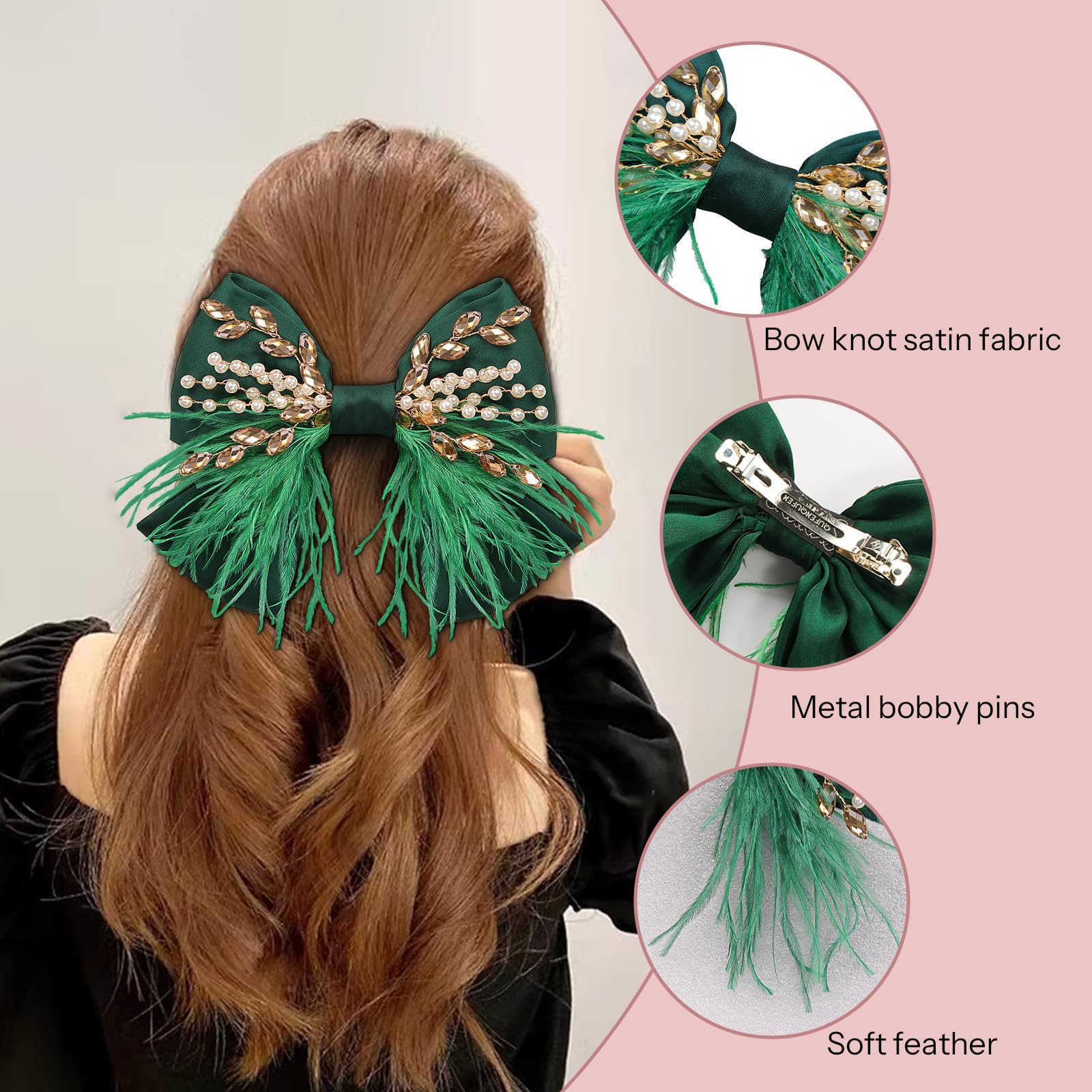 CROWN GUIDE Large Green Hair Bows Clips – Satin Silk, Pearl Crystals