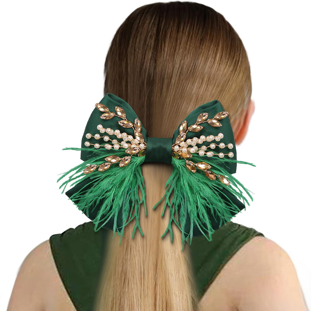 CROWN GUIDE Large Green Hair Bows Clips – Satin Silk, Pearl Crystals