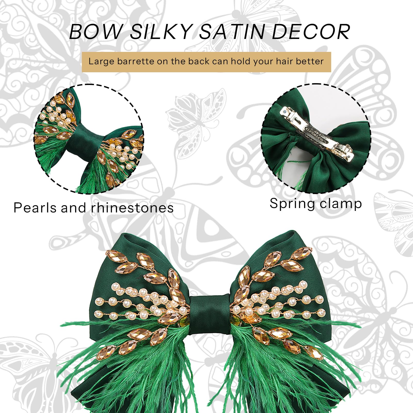 CROWN GUIDE Large Green Hair Bows Clips – Satin Silk, Pearl Crystals