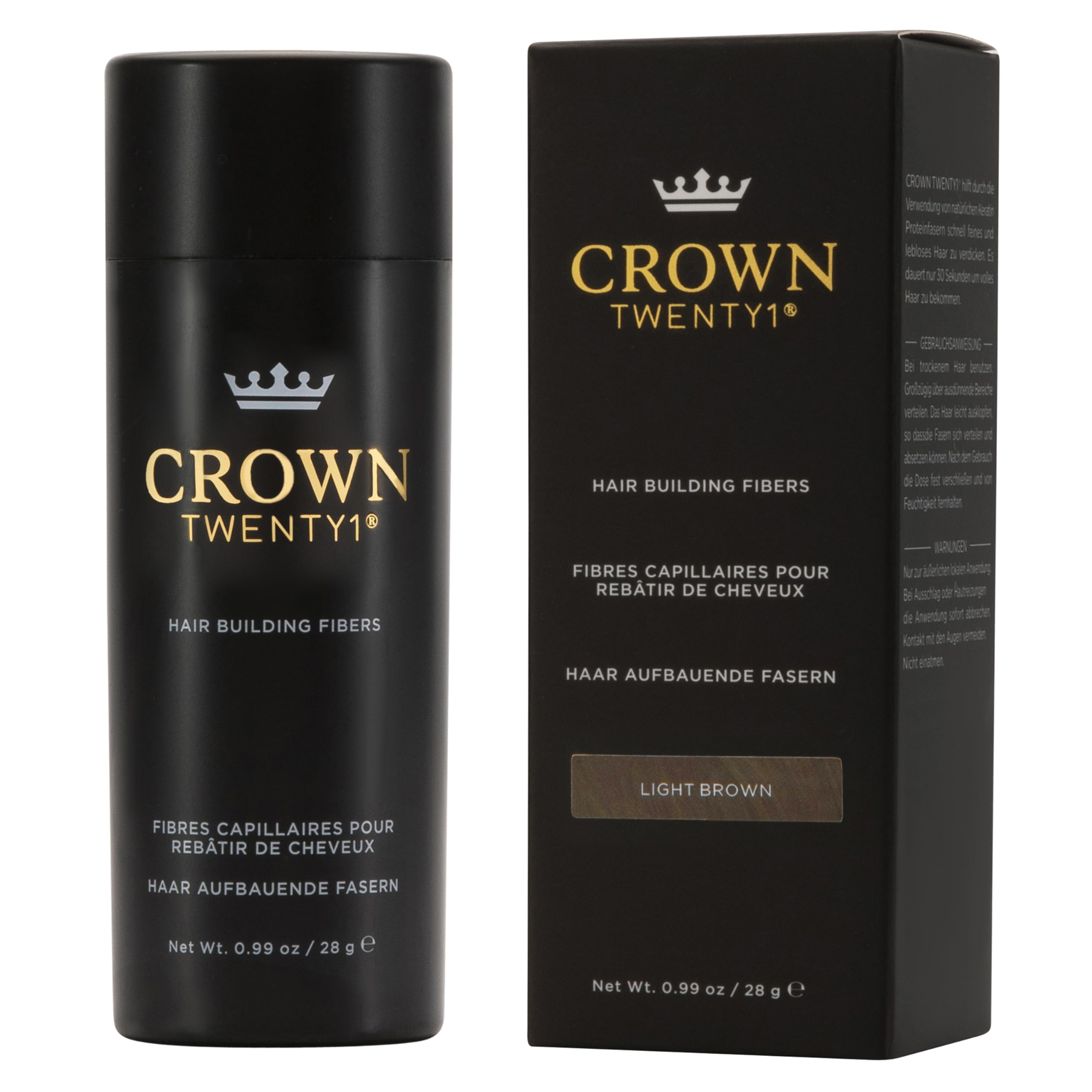 CROWN Hair Building Fibers (28g) – Instantly Conceal Thinning Hair with Keratin Fiber – 13 Shades for Men & Women – Light Brown