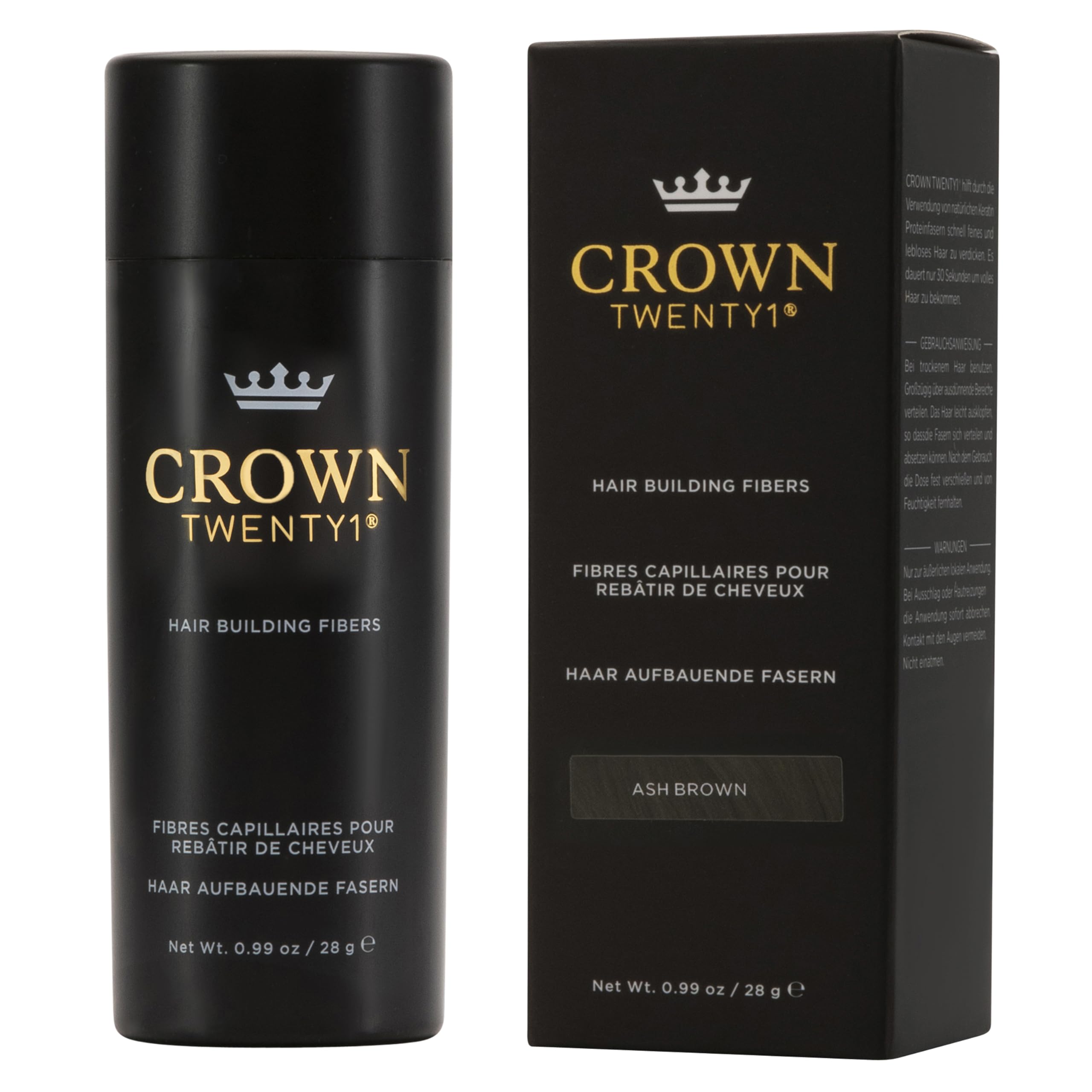 CROWN TWENTY1 Hair Building Fibers (28g) – Ash Brown, 13 Shades – Instant Thickening Concealer for Thinning Hair